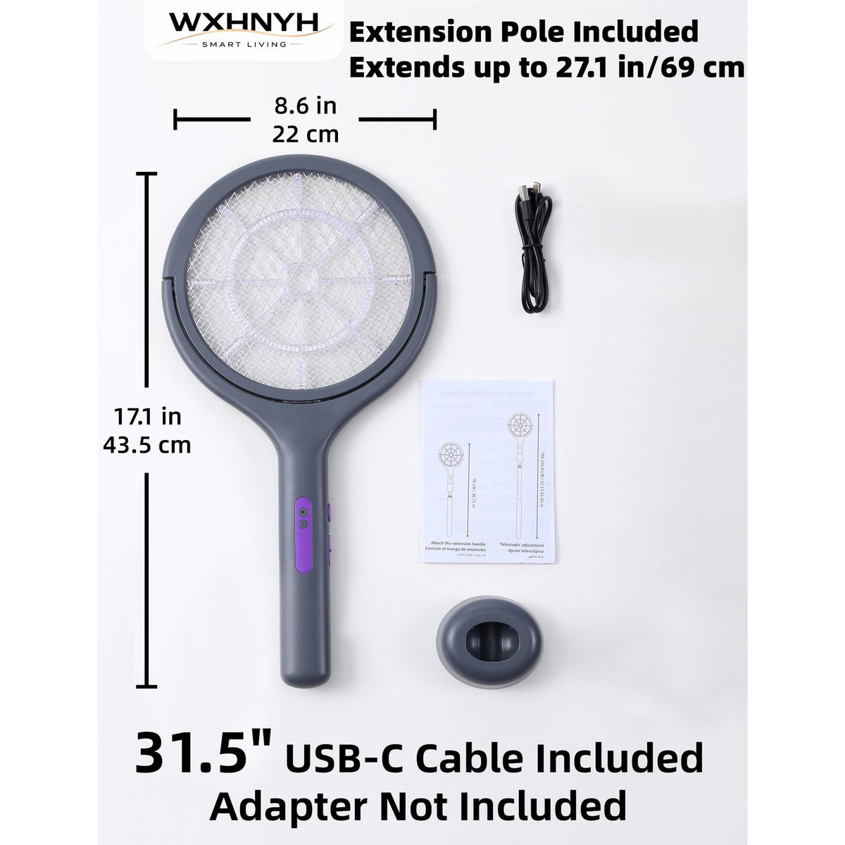 Electric Fly Swatter with Extendable Handle & Rotating Head, 3000V Rechargeable Bug Zapper Racket, 1200mAh Long Lasting, Reach Every Corner, Indoor Outdoor Mosquito Swatter