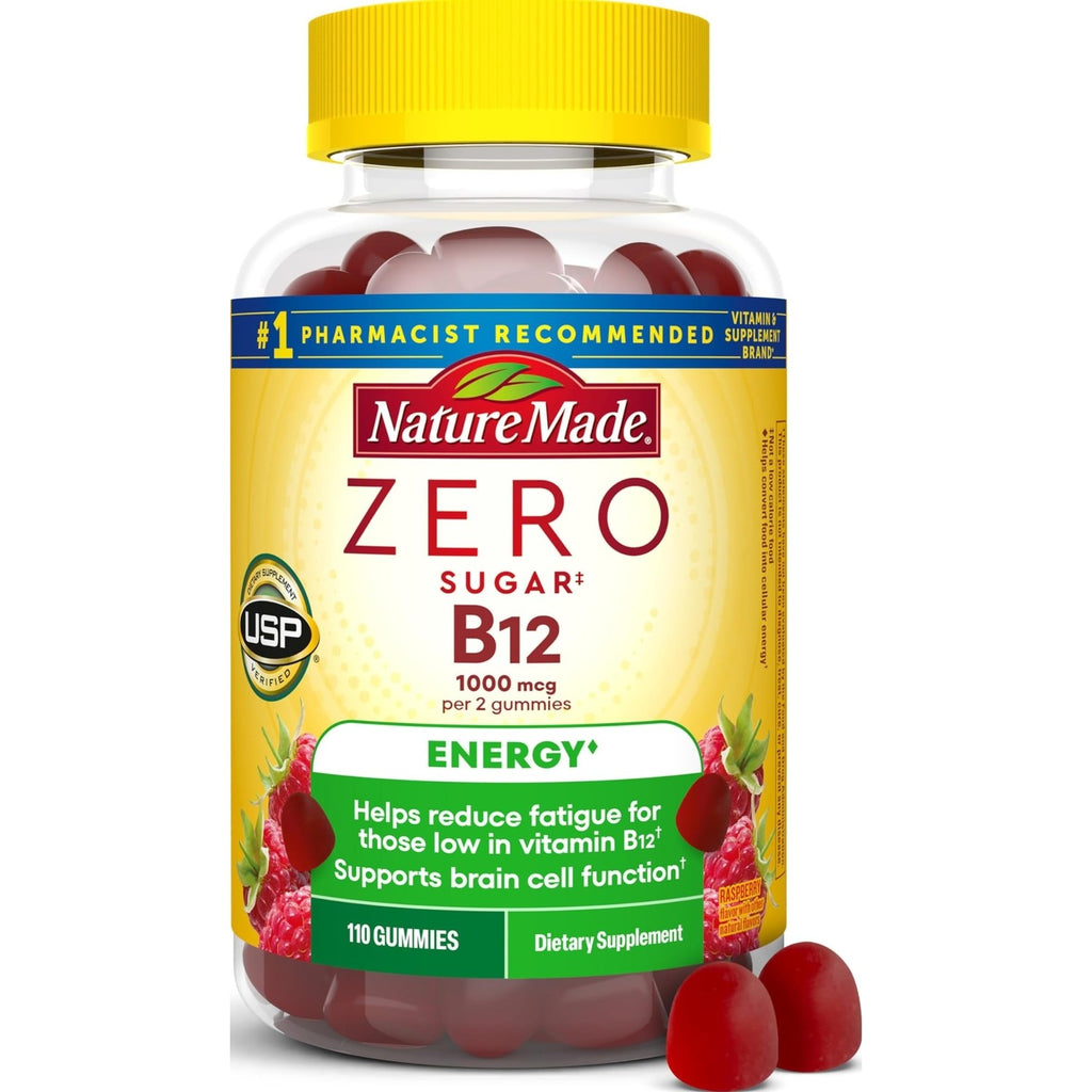 Nature Made Zero Sugar Energy Vitamin B12 Gummies, 110 Sugar Free Gummies | B12 Vitamin 1000 mcg per Serving, Energy Metabolism Support, Aspartame Free, Raspberry Flavor, 55 Day Supply
