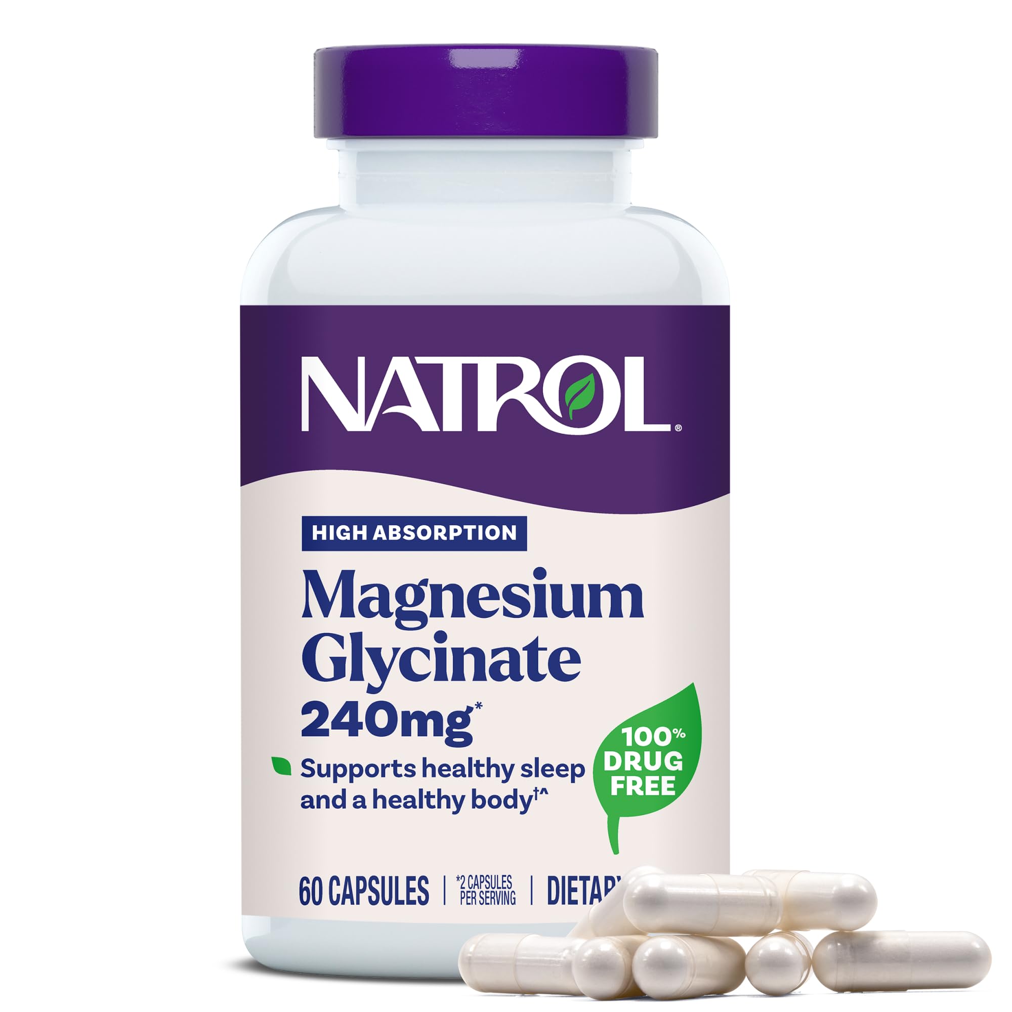 Natrol High Absorption Magnesium Glycinate 240 mg, 120 Capsules | Supports Healthy Sleep & Body, Gentle on Stomach, Supports Muscle Relaxation, Heart, Bone, Nerve & Brain Health
