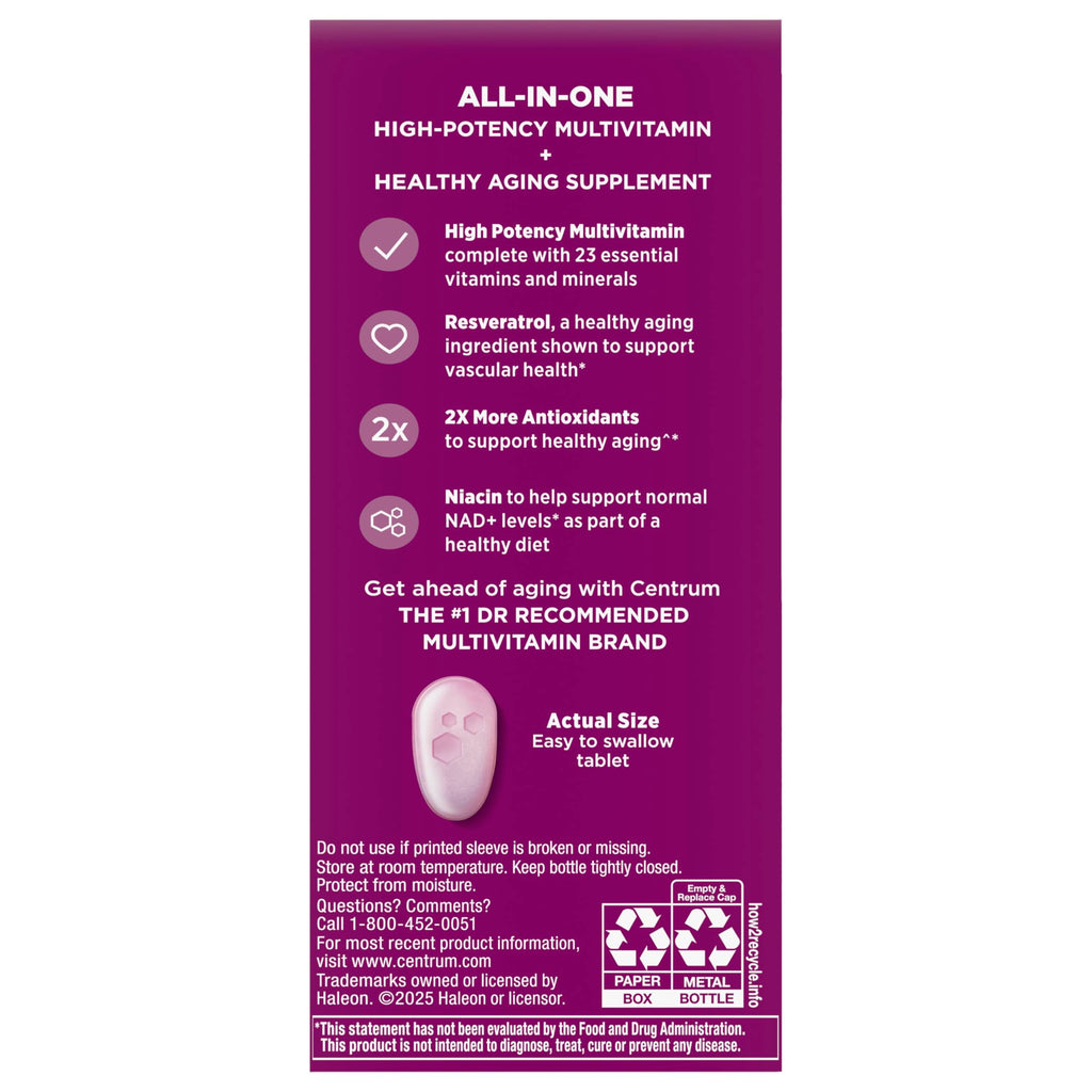 Centrum Age Defy for Women 35 and Over, 60 Tablets | High-Potency Multivitamin and Healthy Aging Supplement ,Multivitamin with Resveratrol, and Niacin for NAD+ Level Support