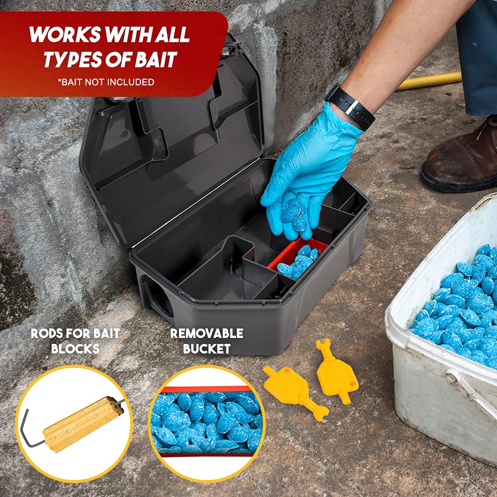 Rat Bait Station Outdoor with Key, Tamper-Resistant Rodent Bait Station, Weather-Resistant Outdoor Bait Box for Indoor Use, 2 Pack (Bait Not Included)