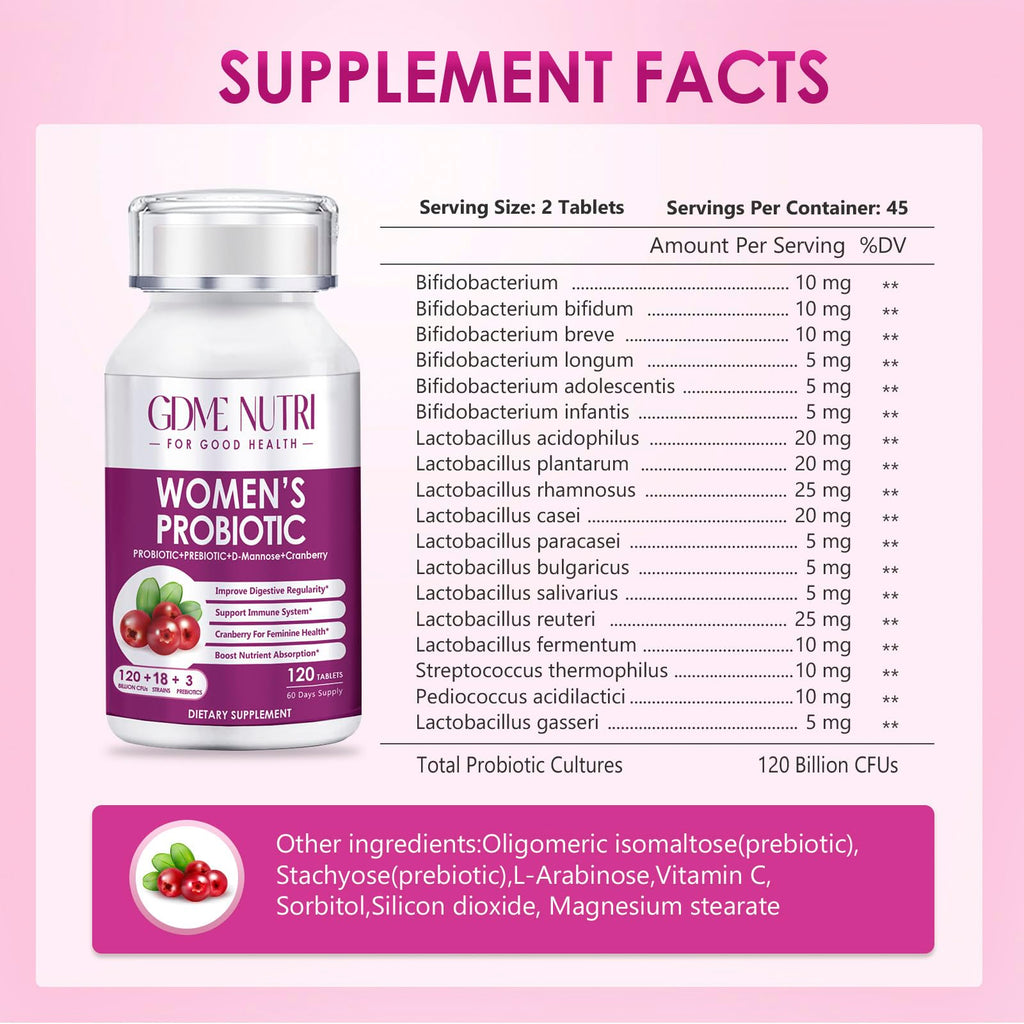 Women's Probiotics, 120 Tablets 120 Billion CFU 18 Strains, Contains Organic Prebiotic Cranberry, Probiotic Supplement for Digestion, Immunity, Women's Health, Soy Gluten Dairy Free