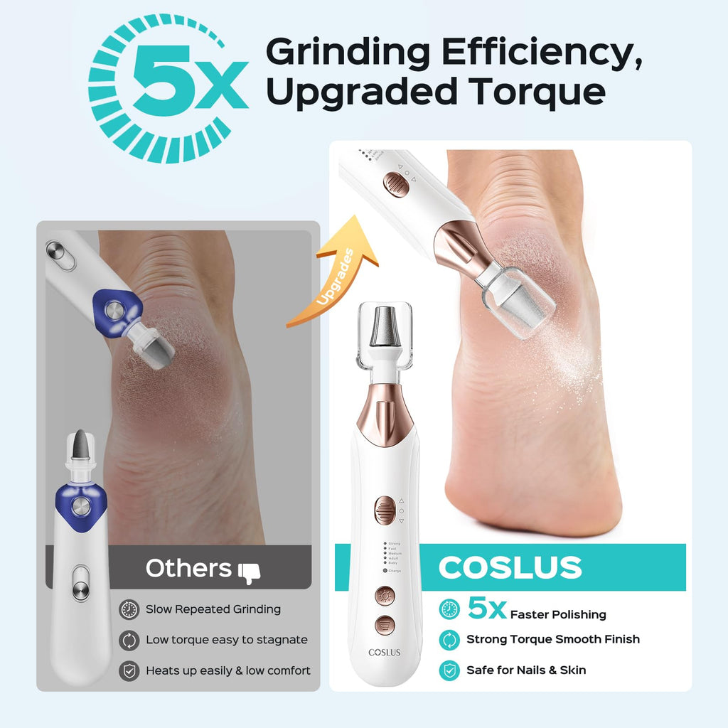 COSLUS C43 Professional Manicure Pedicure Kit with Upgrade Wider Grinder | 5-in-1 Electric Nail File for Toenail Hand Feet, Thick Nails Care, Cordless, 5 Speeds, Men Women Seniors, Home Salon, White