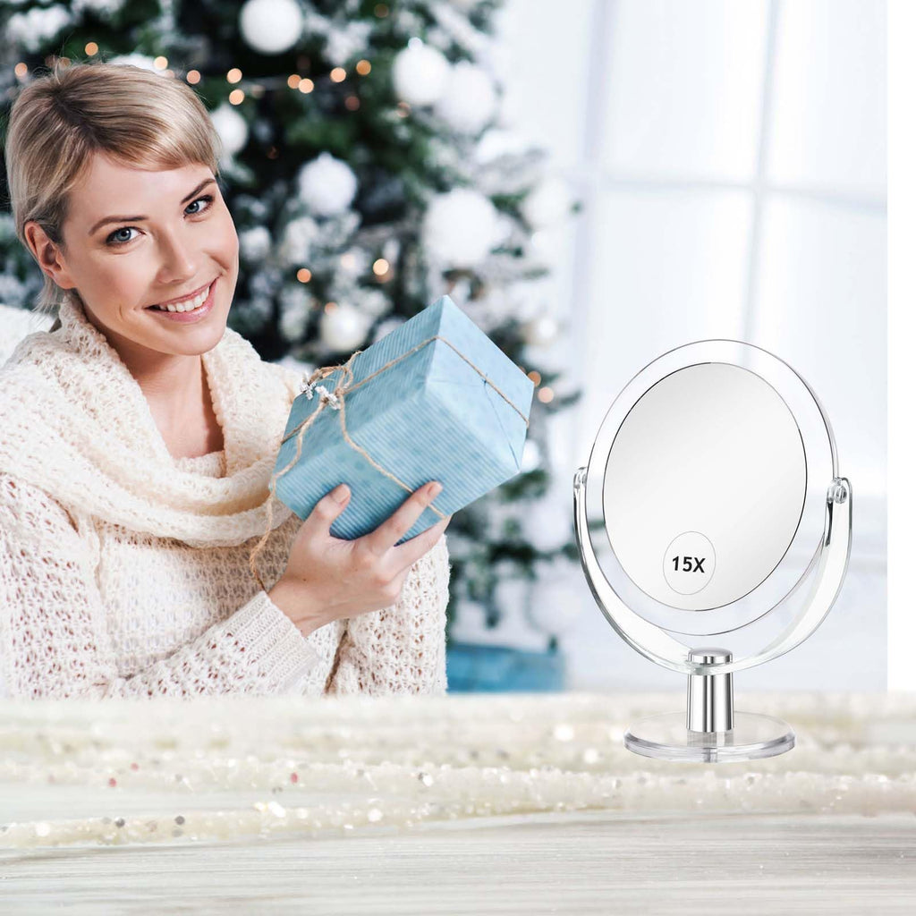 CLSEVXY Vanity Makeup Mirror with Stand, 1X/15X Magnification Double Sided 360 Degree Swivel, Portable Table Desk Counter top Magnifying Mirror, Tabletop Mirror for Bedroom or Dorm Room, 6.25 Inch