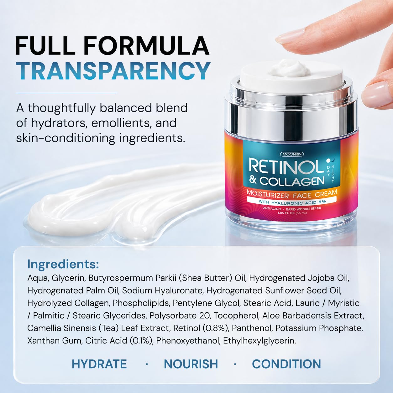 Retinol Cream for Face with Hyaluronic Acid, Day-Night Anti-Aging Moisturizer for Women, Men, Collagen Cream for Face Reduces Wrinkles, Dryness, 1.85 Oz