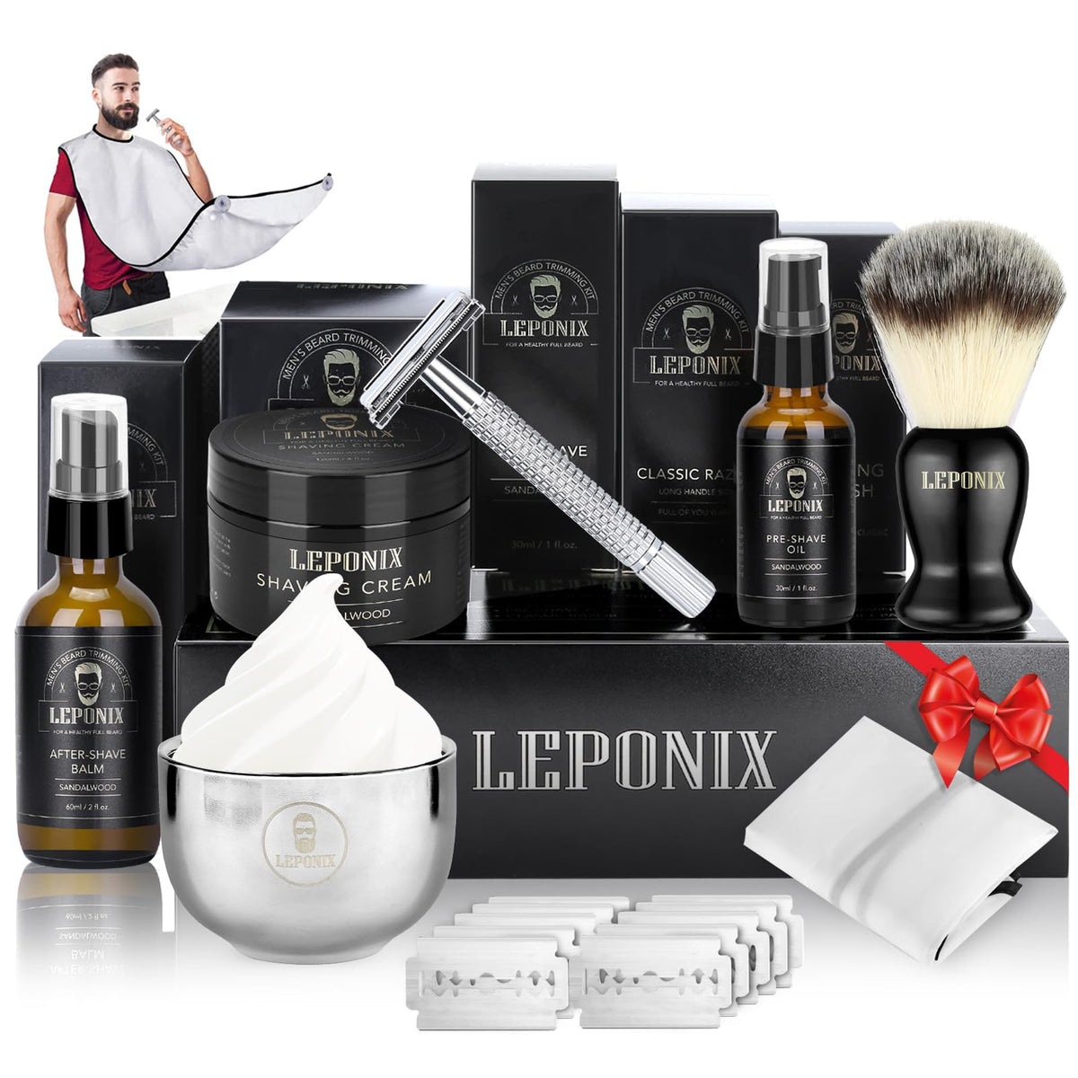 LEPONIX Shaving Kit for Men with Safety Razor Brush Bowl and Beard Bib