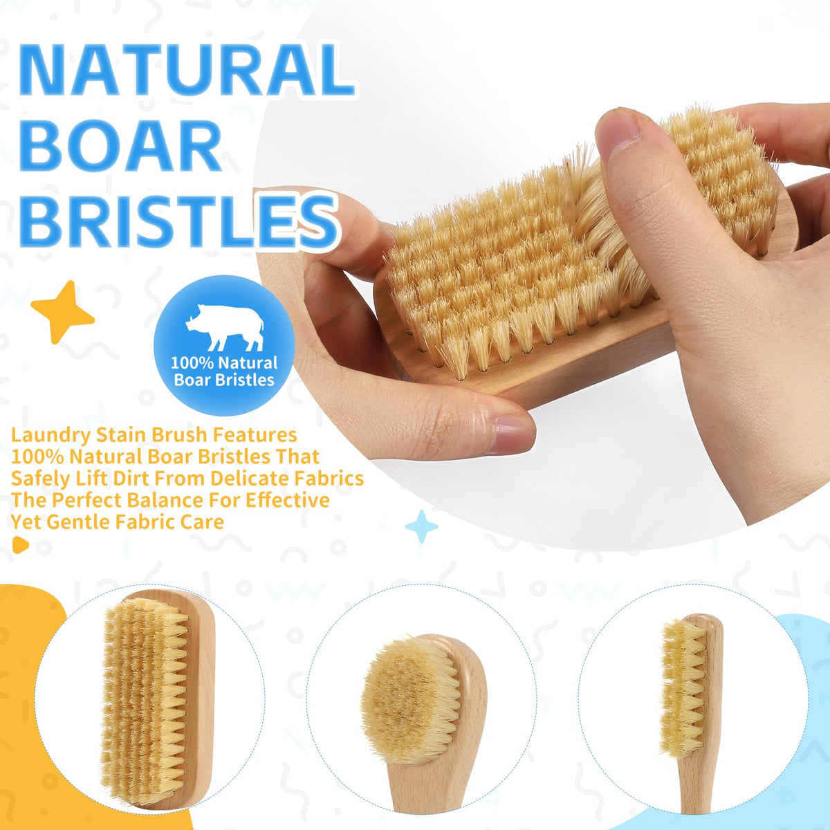 DEBETOOL 3-Piece Laundry Brush for Stains on Clothes, Gentle Boar Bristl