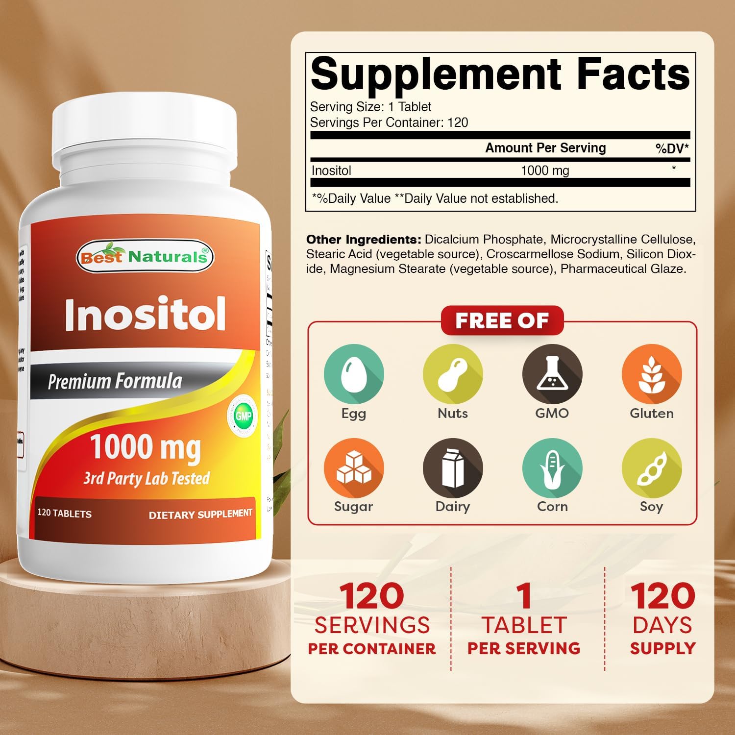 Buy now Best Naturals Inositol 1000mg 120 Tablets - Also Called Vitamin B8 at indiglob india