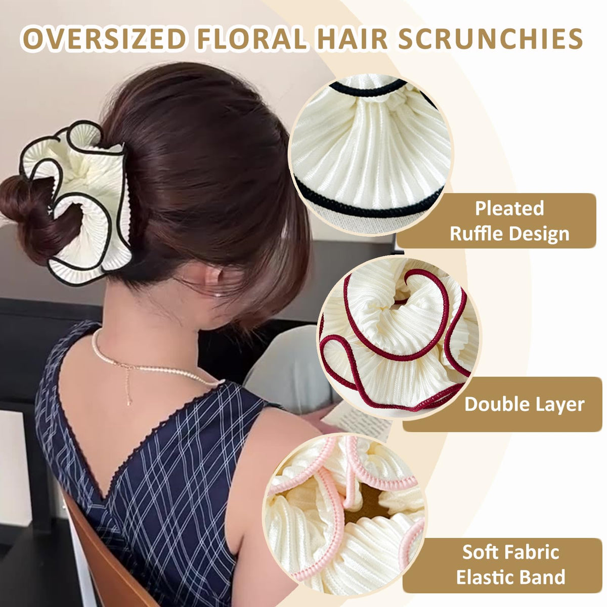 4 Pack Oversized Puffy Hair Scrunchies, 4.72 Inch Double Layer Pleated Ruffle Design, White with Colored Trim, Extra Large Hair Ties for Buns Ponytail Holders for Voluminous Look