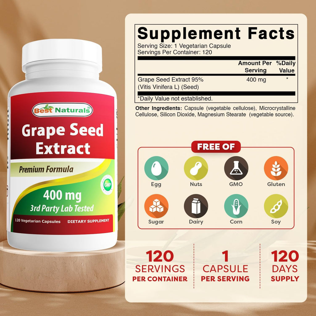 Buy now Best Naturals Grape Seed Extract 400 mg Veggie Capsule, 120 Count at indiglob india