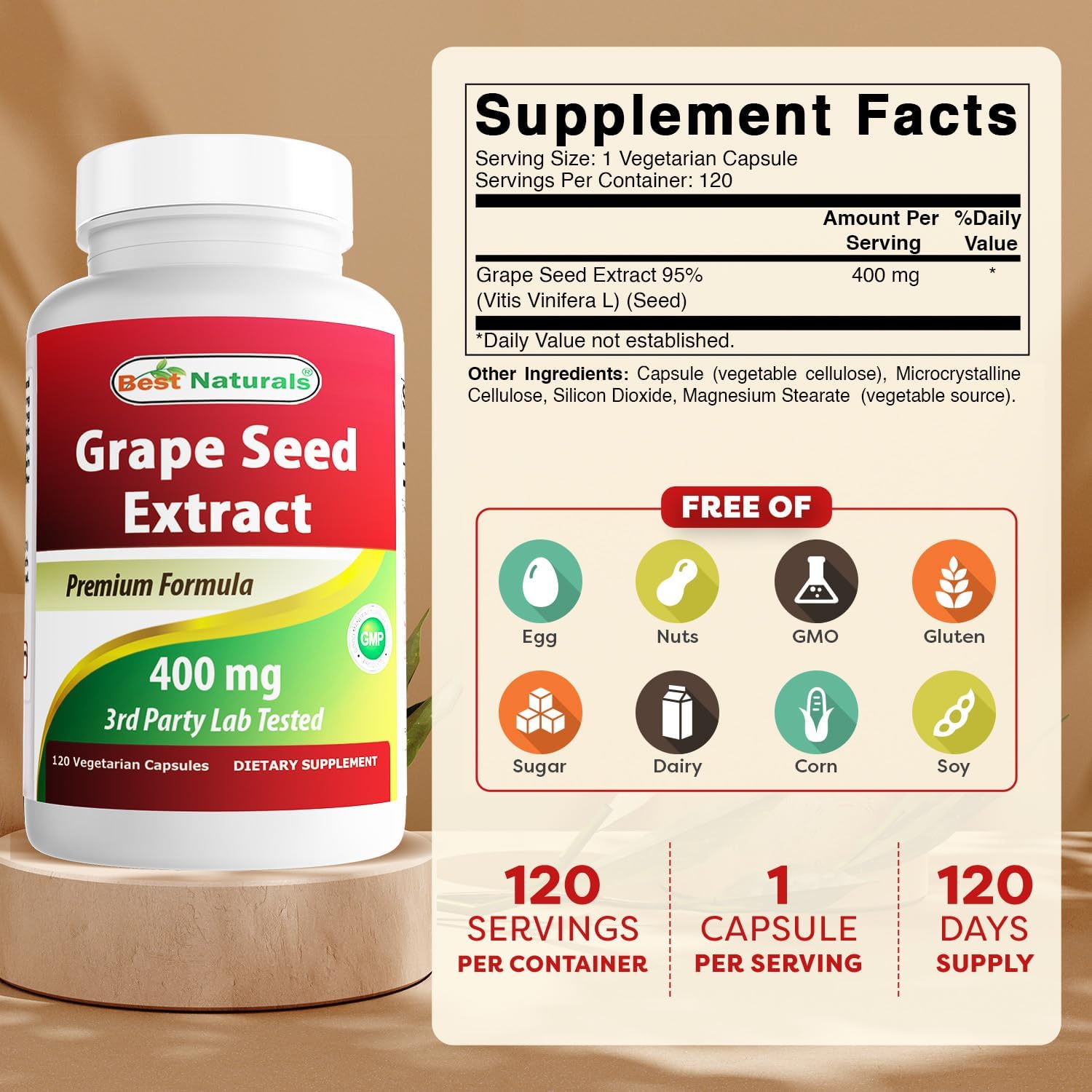 Buy now Best Naturals Grape Seed Extract 400 mg Veggie Capsule, 120 Count at indiglob india