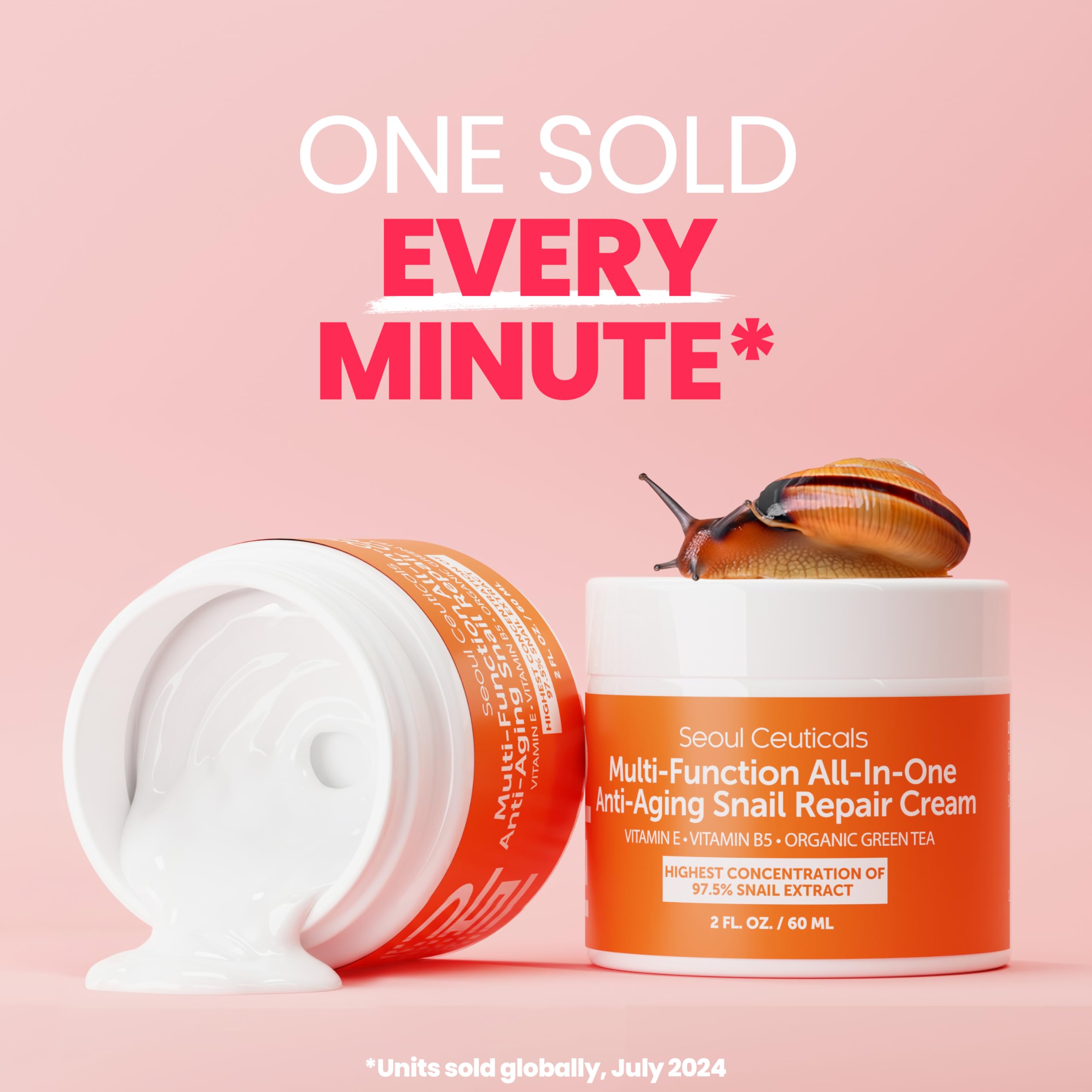 SeoulCeuticals 97.5% Snail Mucin Korean Face Moisturizer Day & Night Cream | 2oz Anti Wrinkle Anti Aging Repair, Natural Organic Cruelty Free Skin Care, K Beauty Facial Skincare for Oily Normal Dry Skin