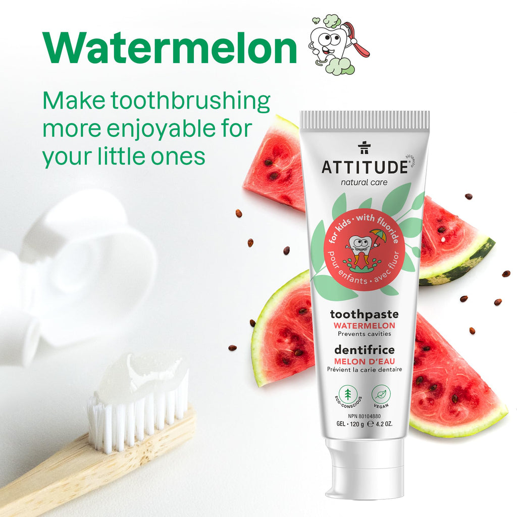 Attitude Toothpaste with Fluoride, Prevents Tooth Decay and Cavities, Vegan, Cruelty-Free and Sugar-Free, Watermelon, 4.2 Oz