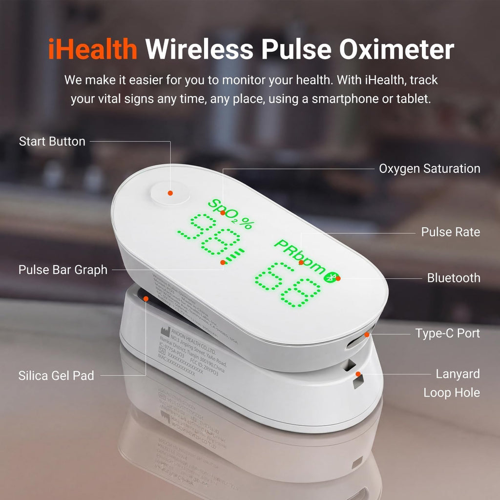 iHealth Rechargeable Bluetooth Fingertip Pulse Oximeter with SpO2, PR & PI