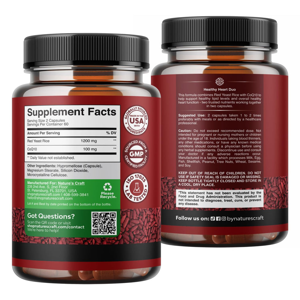 Red Yeast Rice with CoQ10 Supplement - Healthy Heart Support - 120 Ct | Red Yeast Rice 1200 mg - Advanced Complex for Cellular Energy & Antioxidant Support - GMP - Third Party Tested - 60 Servings