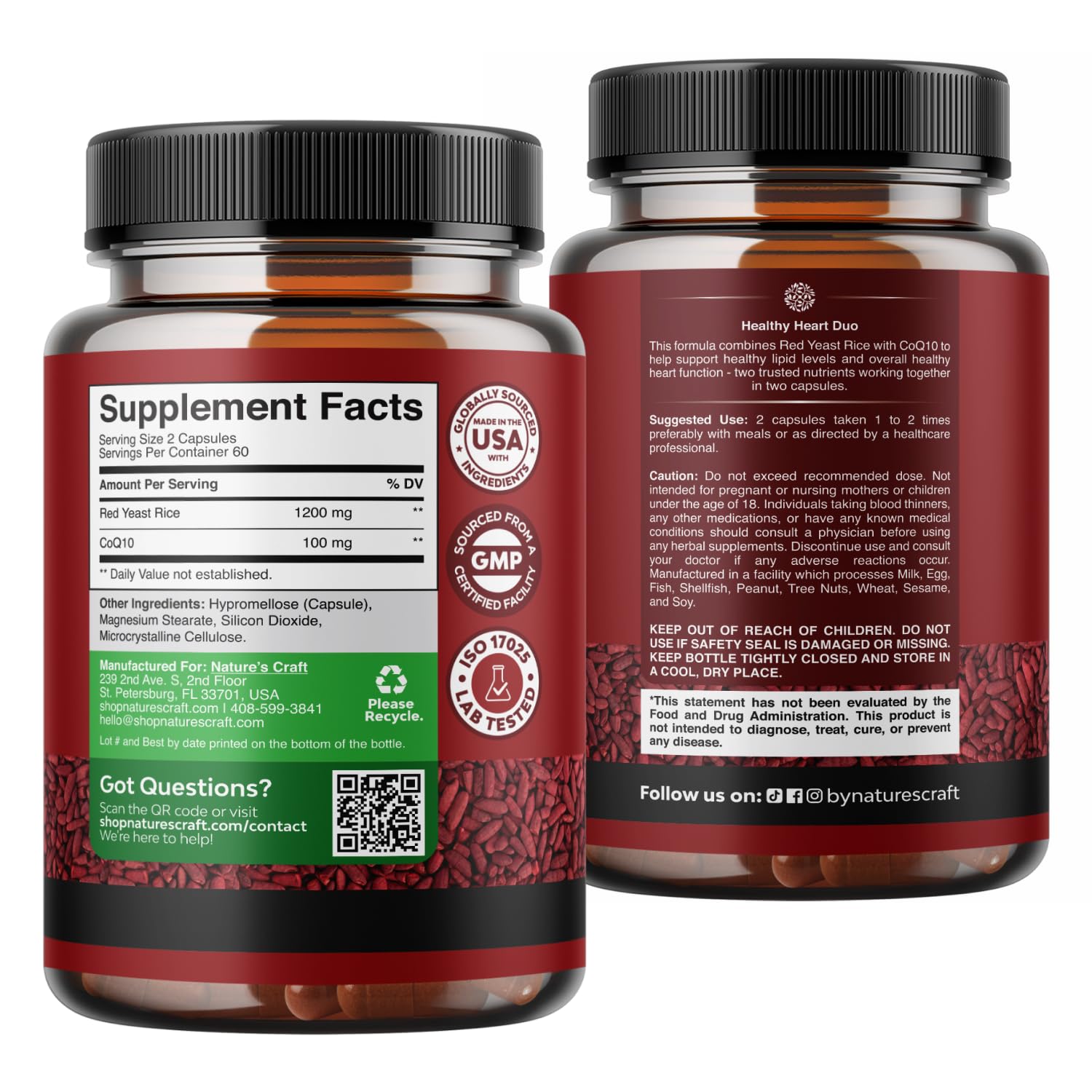 Red Yeast Rice with CoQ10 Supplement - Healthy Heart Support - 120 Ct | Red Yeast Rice 1200 mg - Advanced Complex for Cellular Energy & Antioxidant Support - GMP - Third Party Tested - 60 Servings