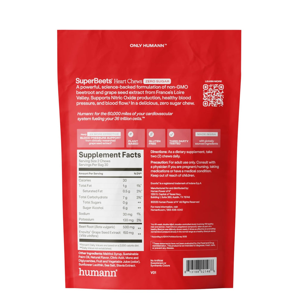 HumanN SuperBeets Heart Chews Zero Sugar, Pomegranate Berry Flavor, 180 Ct | Blood Pressure Support, Nitric Oxide Support, Heart Health & Energy, Non-GMO Beet Root Powder, Grape Seed Extract, Once Daily