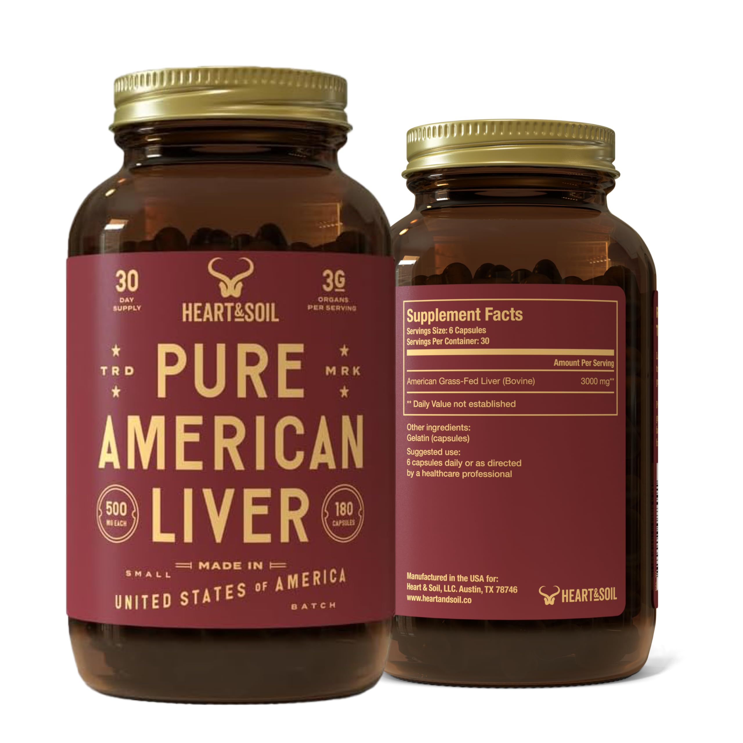 HEART & SOIL Pure American Beef Liver, 180 Capsules | 100% grass fed & finished from pasture-raised cattle. Beef liver capsules, Nature's Ultimate Superfood. Made in USA.