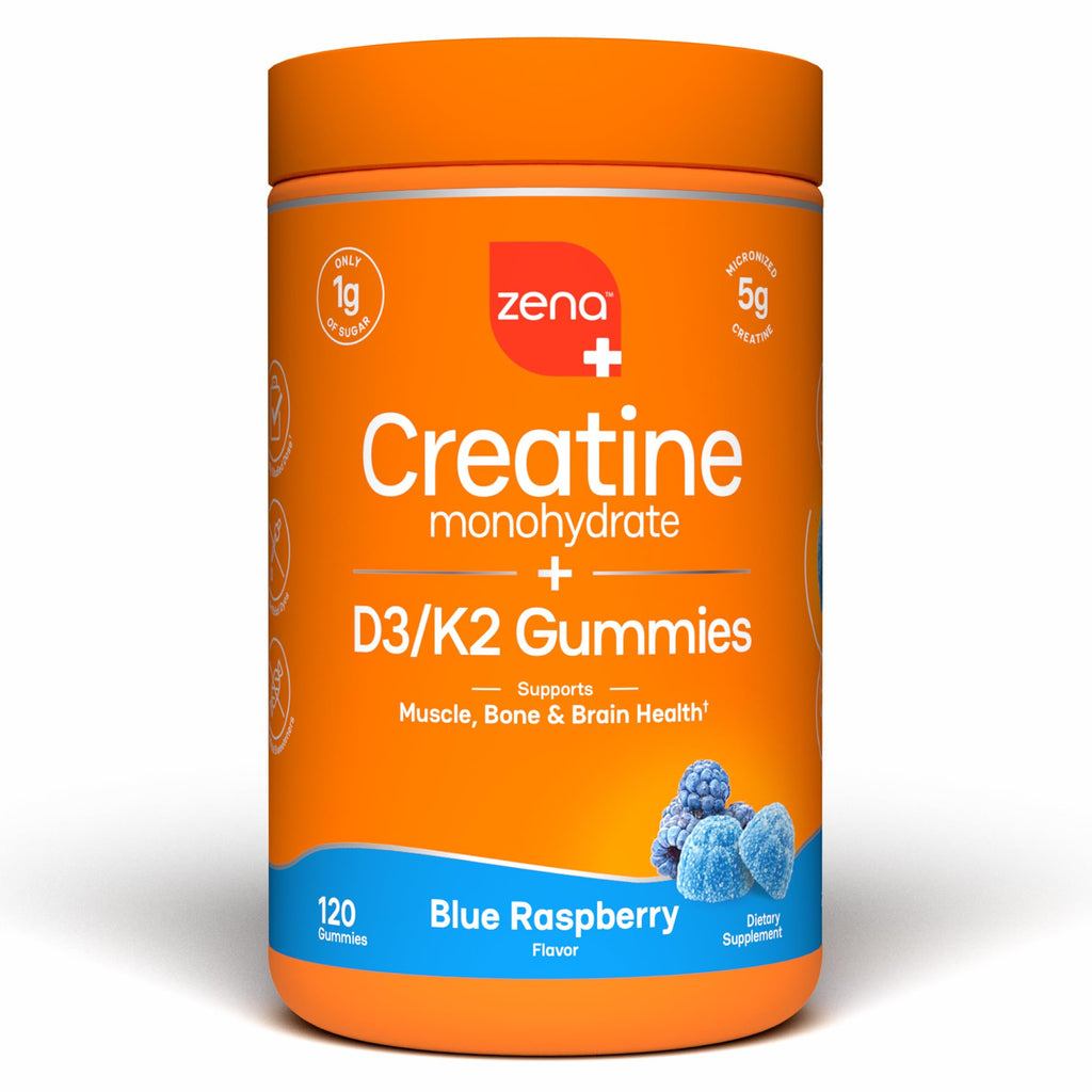 Zena Nutrition Creatine Gummies with D3 & K2, Creatine Monohydrate for Men and Women, Supports Bone, Muscle, & Cognitive Health, Gummy Workout Supplement, Blue Raspberry Flavor, 120ct, 30 Servings