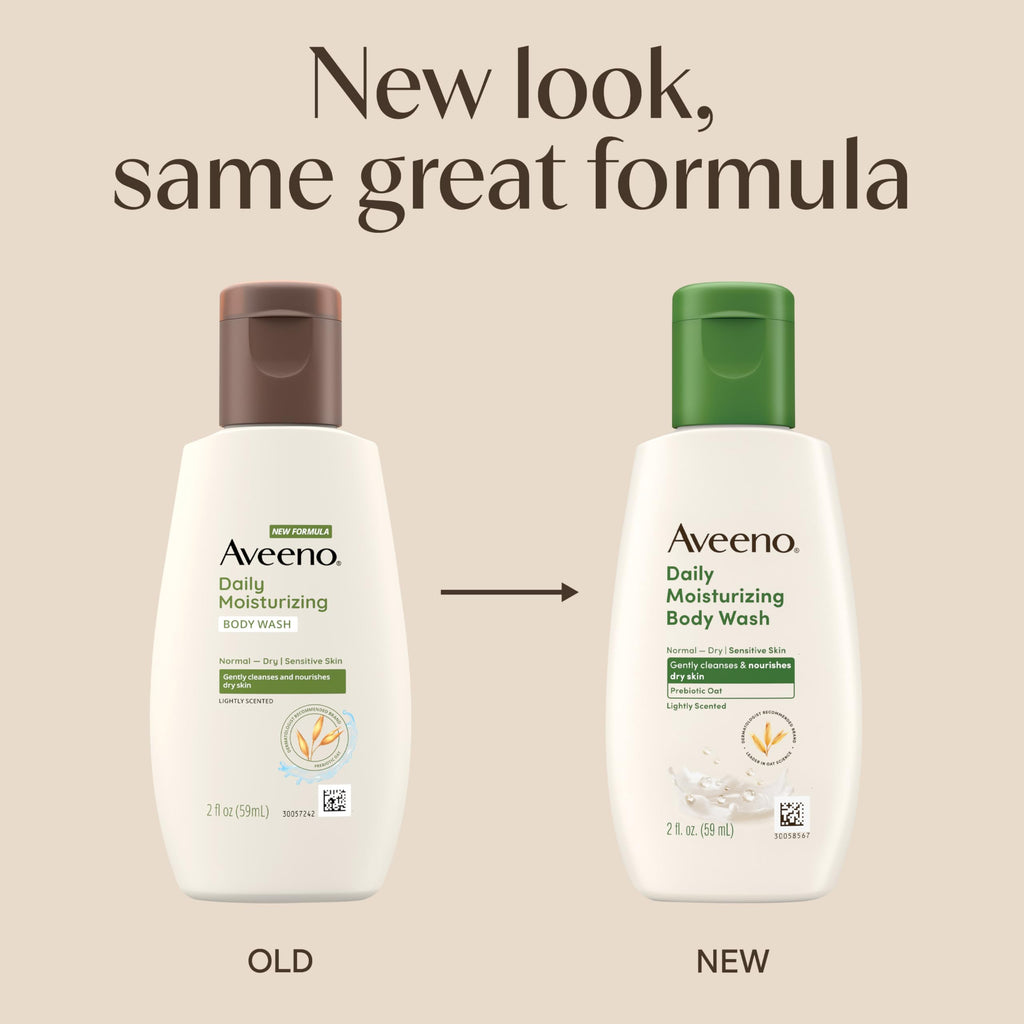 Aveeno Daily Moisturizing Body Wash, Lightly Scented, 2 fl. oz | For Sensitive, Dry Skin, Prebiotic Oat, Gently Cleanses & Nourishes, Travel-sized