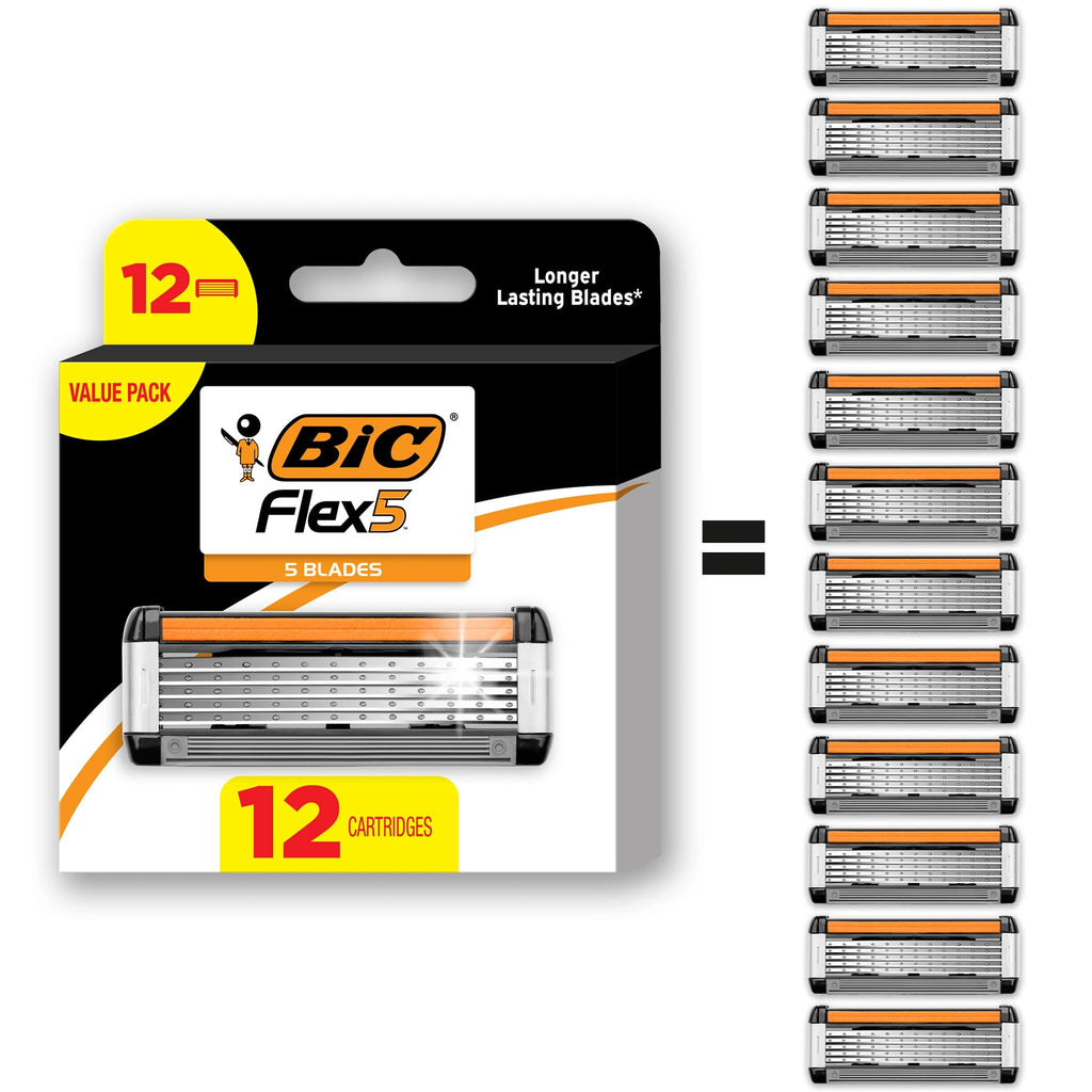BIC Flex 5 Men's Refillable 5-Blade Razors with 7 Cartridges | Lubricating Strip with Aloe and Vitamin E, Pivoting Head, Precision Edging Blade, 8-Piece Shaving Kit