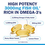 Triple Strength Omega 3 Fish Oil 3000mg for Women and Men, 180 Softgels | High Potency Omega 3 Supplement, Burpless Lemon Flavor Fish Oil - 2250mg Essential Fatty Acids with DHA & EPA, Wild Caught