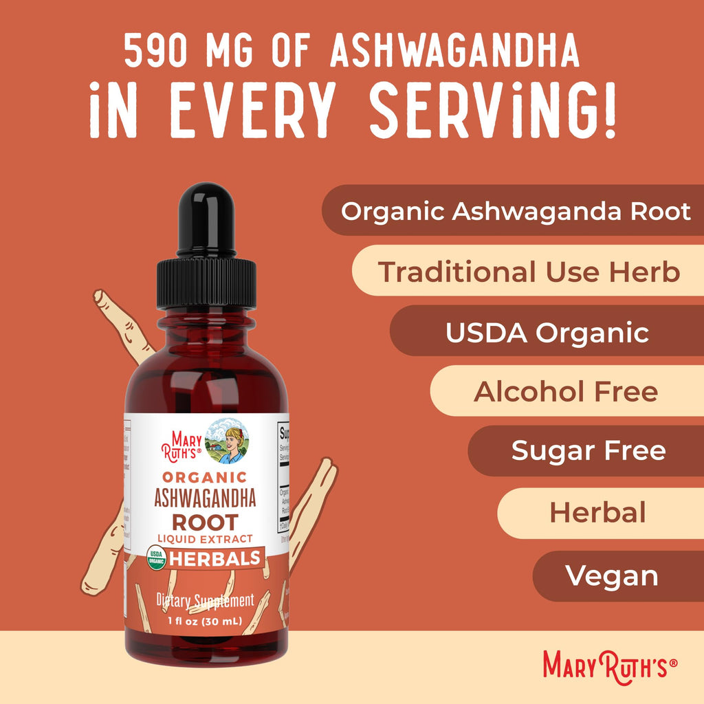 MARYRUTH'S Ashwagandha Root Liquid Drops, Mood & Stress Support Supplement | Mood & Stress Support Supplement, Calm & Relaxation, 590mg Ashwagandha, Adaptogen & Nervine, Vegan