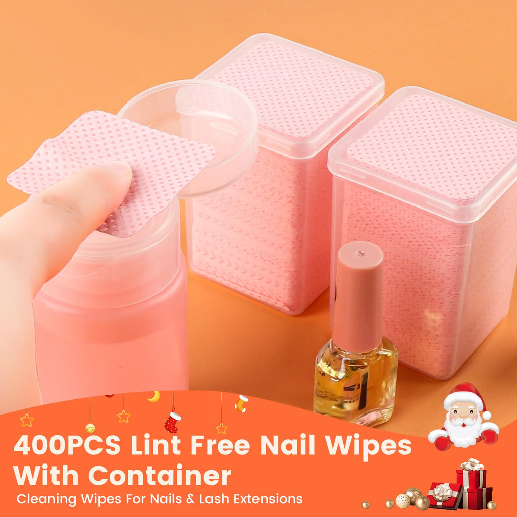 400PCS Lint Free Nail Wipes with Dispenser - Gel Nail Polish Remover Wipes with Acetone Dispenser,Lash Extensions Glue Cleaning Wipe with 1PCS Empty Pump Dispenser Bottle Nail Supplies