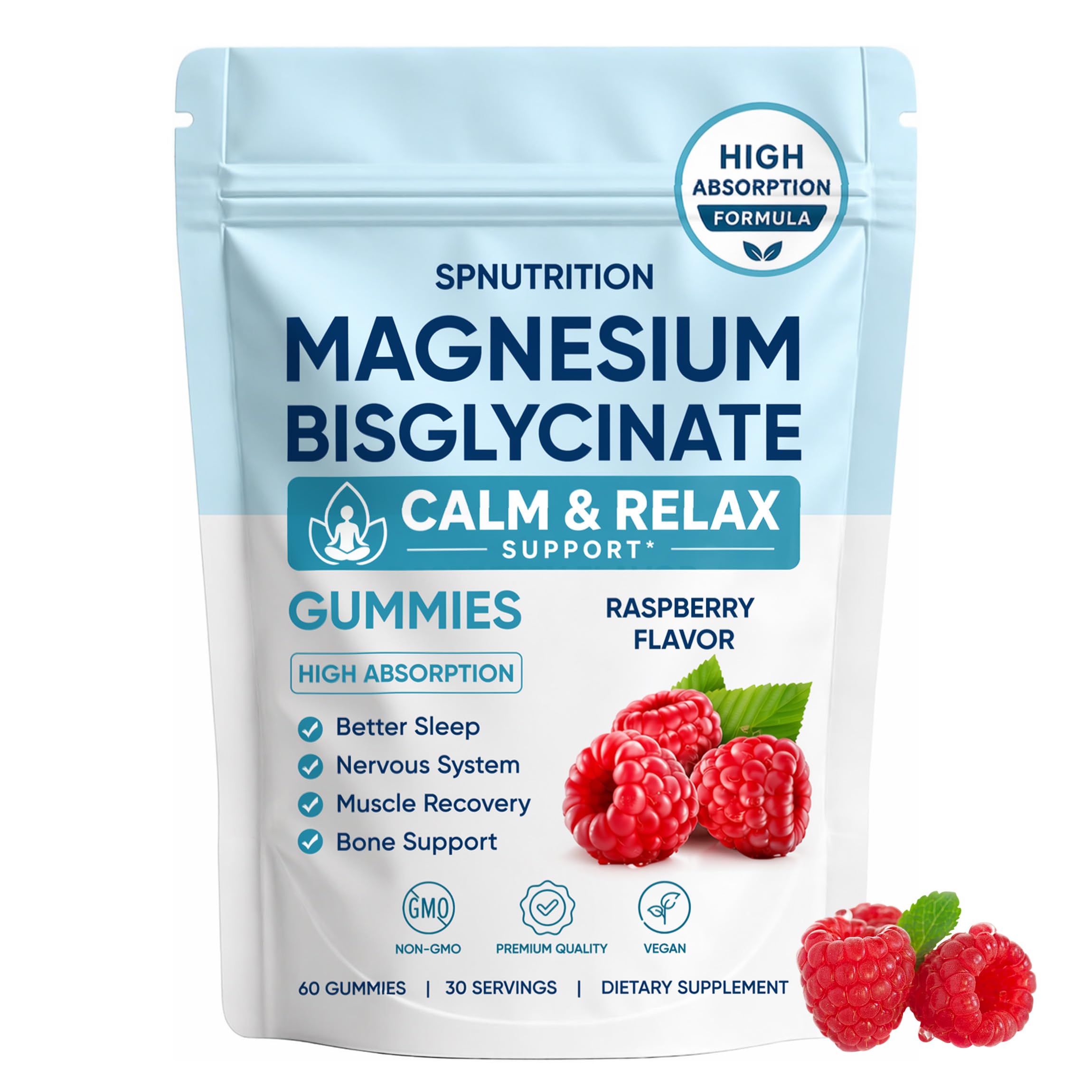 Magnesium Bisglycinate Gummies, 400mg Magnesium Bisglycinate Chelate with Sea Salt & Raspberry Powder, Supports Sleep, Nerve & Muscle Relaxation, Bone Health Support, Vegan, 60 Gummies (1)