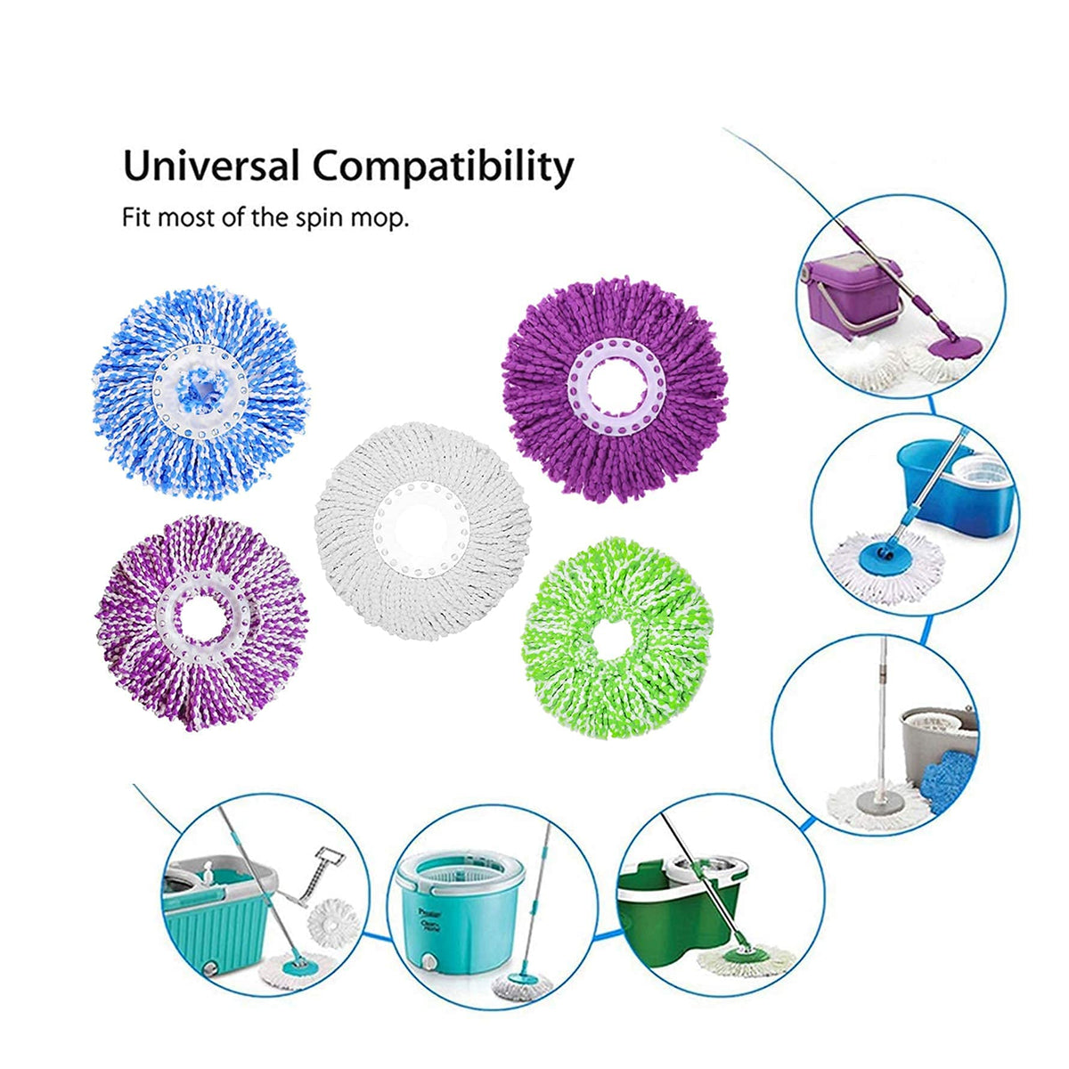 5 Replacement Mop Micro Head Refill for 360° Spin Magic Mop-Microfiber Replacement Mop Head-Round Shape Standard Size