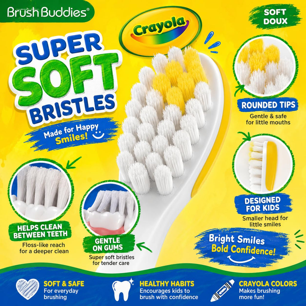 Brush Buddies Crayola Kids Toothbrush Set 6 Pack Soft Bristle Toddler Toothbrush Ages 2+ Small Head Easy Grip Handle Colorful Design Children Toothbrushes Kids Oral Care Daily Use Home Travel Set