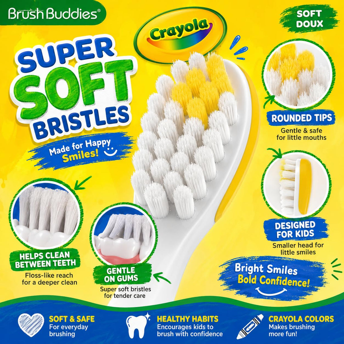 Brush Buddies Crayola Kids Toothbrush Set 6 Pack Soft Bristle Toddler Toothbrush Ages 2+ Small Head Easy Grip Handle Colorful Design Children Toothbrushes Kids Oral Care Daily Use Home Travel Set