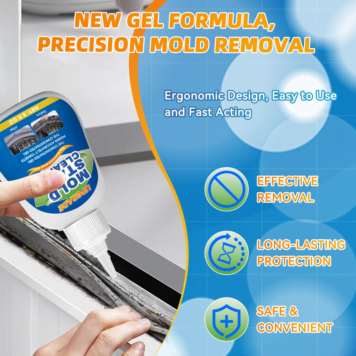 Mold Stain Cleaner Gel, 8 FL oz Heavy-Duty Household Cleaner for Washing Machine Gasket, Shower Caulk, Bathroom Grout & Front Loader Seal