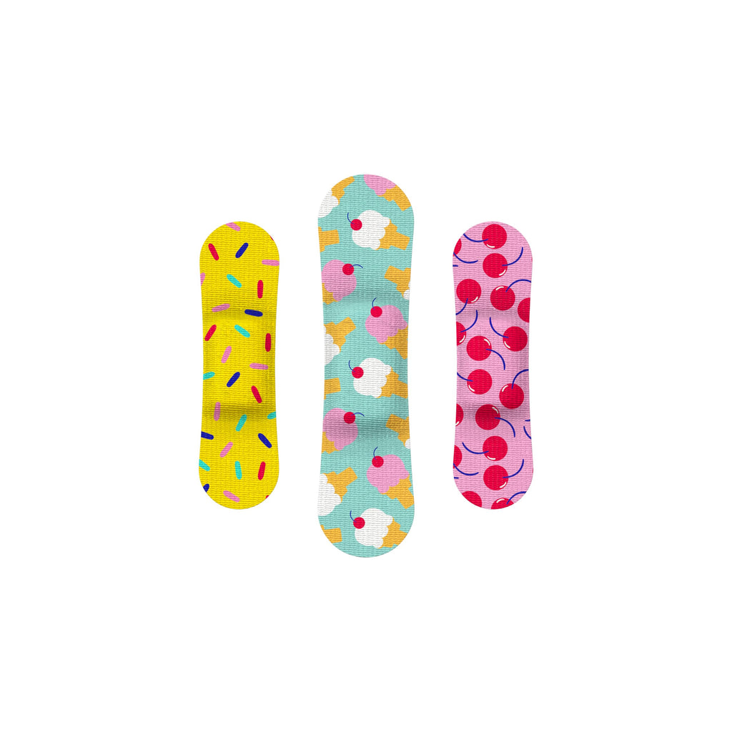 Welly Bandages | Adhesive Flexible Fabric Bravery Badges | Assorted Shapes for Minor Cuts, Scrapes, and Wounds | Colorful and Fun First Aid Tin | Ice Cream Patterns - 48 Count