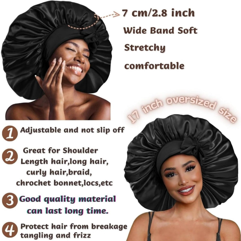 Buy now Satin Bonnet Silk for Hair Sleeping: Women Tie Bonnets Adjustable Night Cap Jumbo Size Comfortable Wide Band for Braids Curly Long Hair (Black) at indiglob india