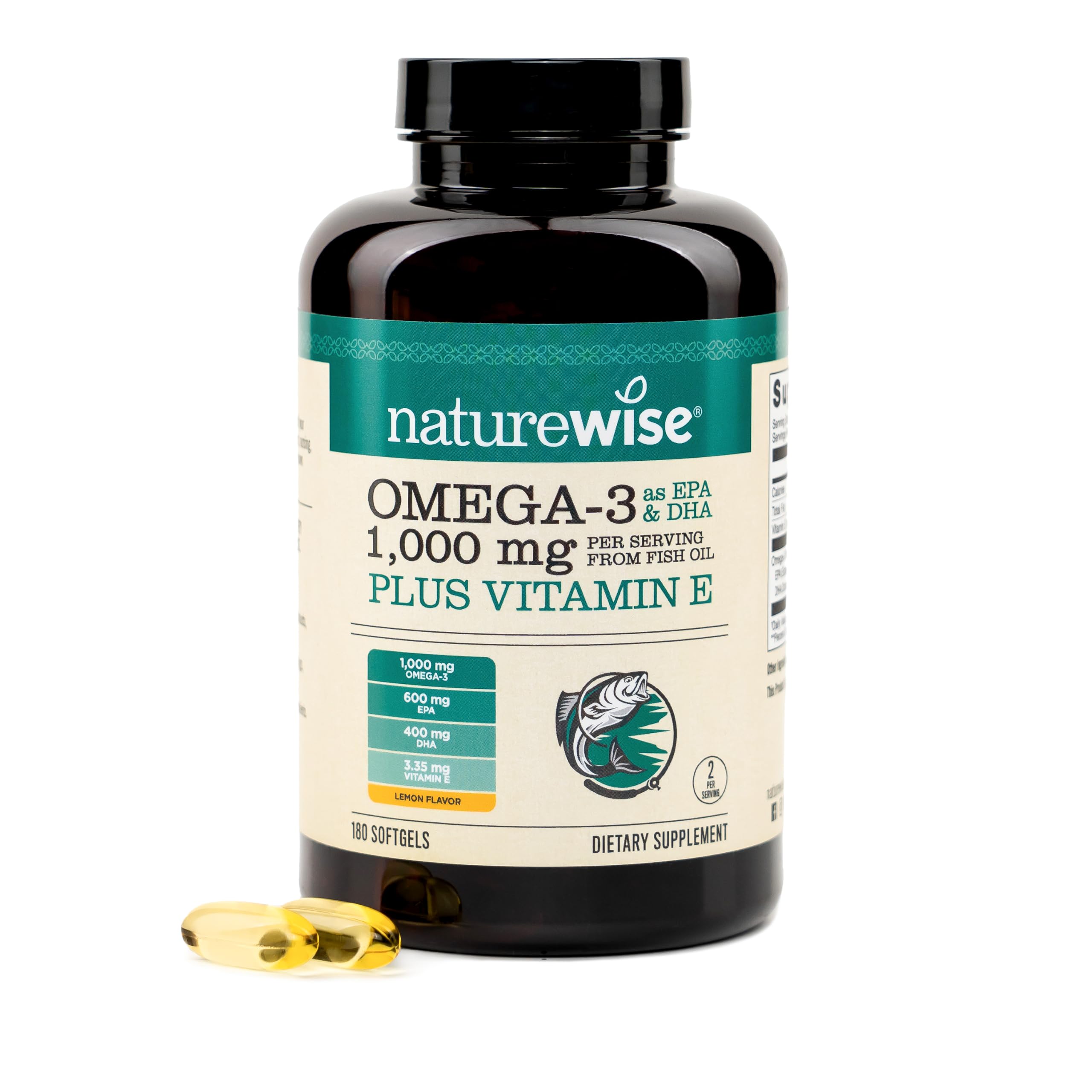 NatureWise Extra-Strength Omega 3 Fish Oil Supplement - 1000mg per Serving - 600 EPA & 400 DHA and Vitamin E - Sustainably Sourced Fish Oil - Lemon Flavor - 60 Softgels[1-Month Supply]