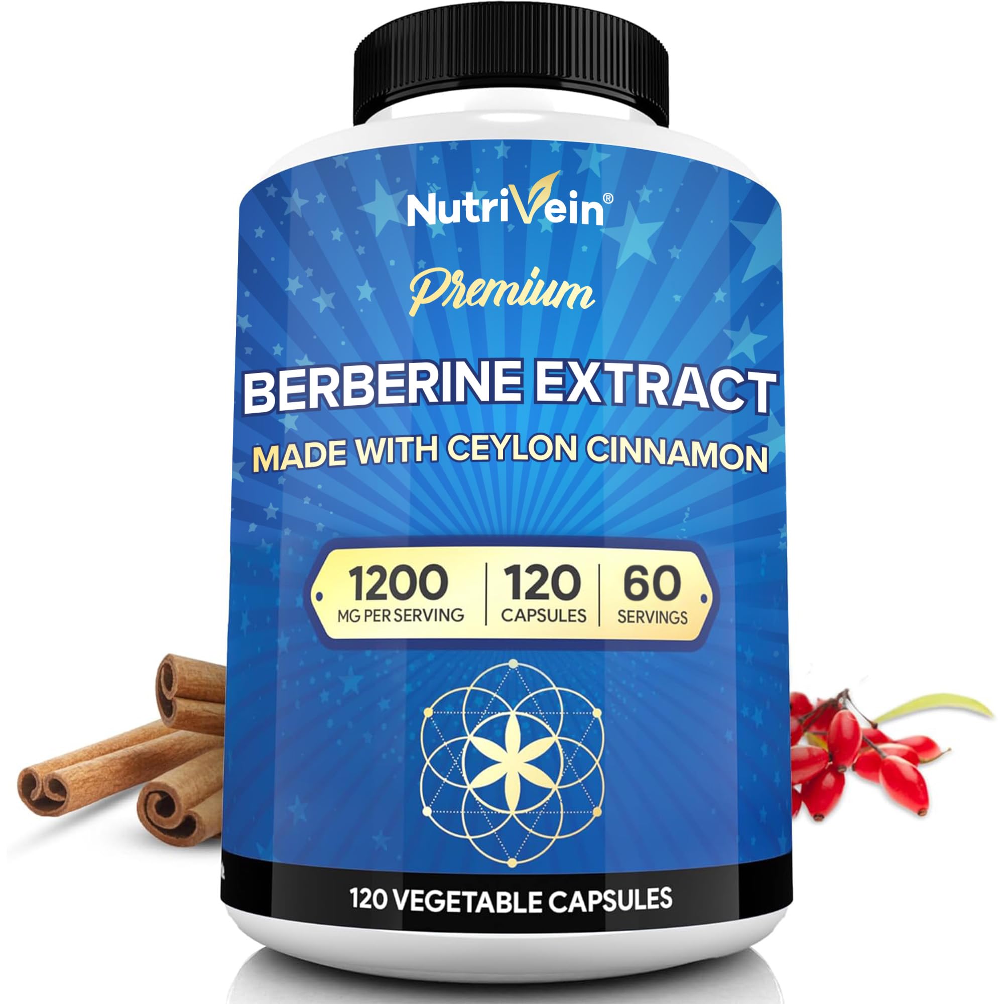 Nutrivein Berberine Supplement 1200 mg with Ceylon Cinnamon, 120 Capsules | High-absorption berberine HCl for men and women. Supports metabolism, digestion, and natural defenses. Vegan and non-GMO.
