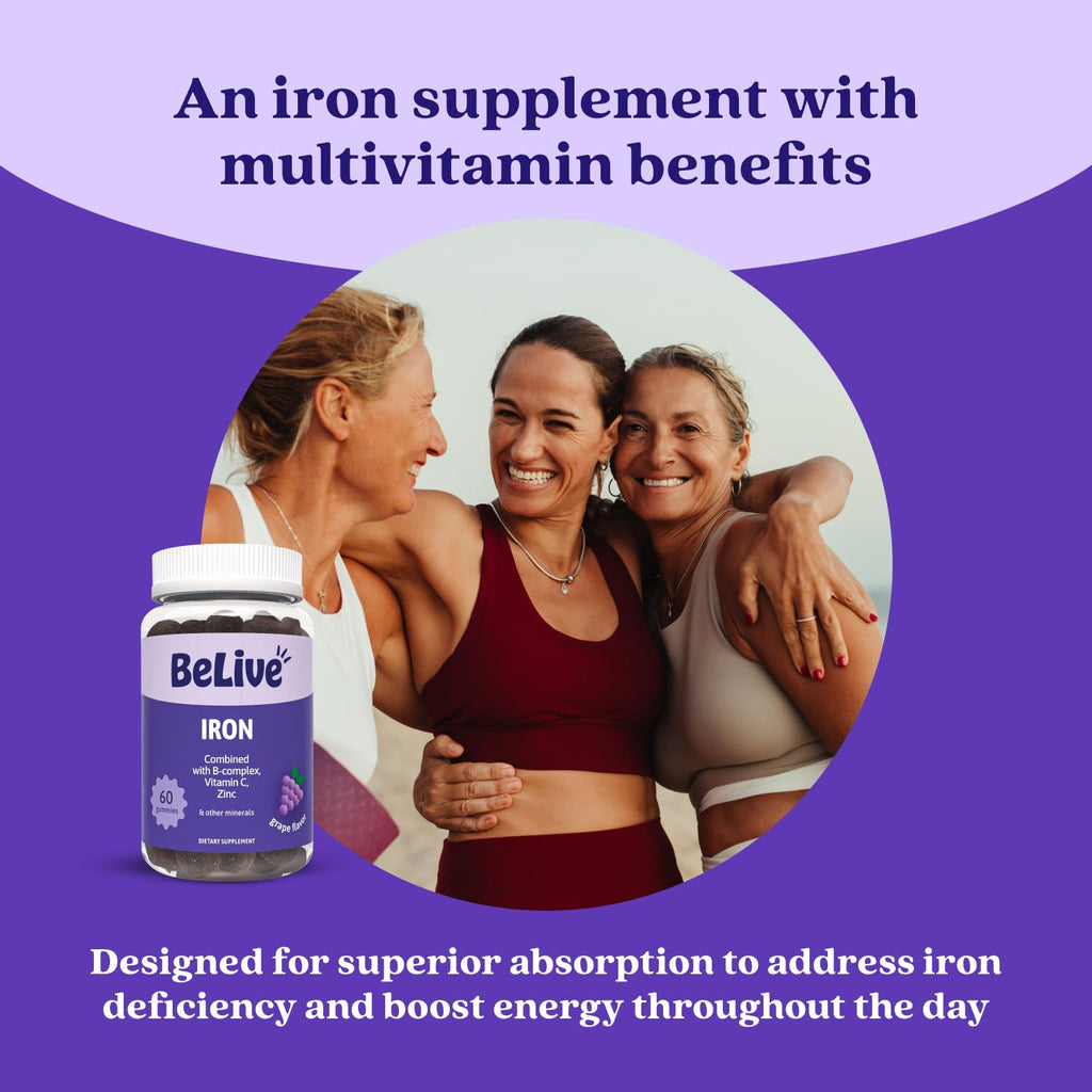 BeLive Iron Gummies, Multivitamin Supplement, Blood Oxygen Support, 120 Ct | With Vitamin C, B Complex, Folate, and Zinc for Women, Men & Kids for Growth and Development, Grape Flavor