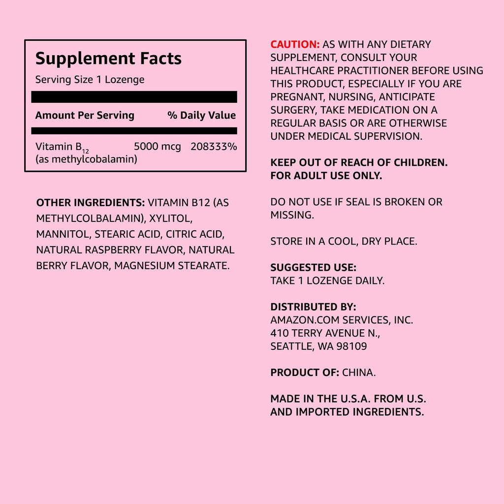 Amazon Elements Vitamin B12 Methylcobalamin 5000 mcg - Normal Energy Production and Metabolism, Immune System Support - 2 Month Supply, Berry Flavored Lozenges, 65 Count (Pack of 2)