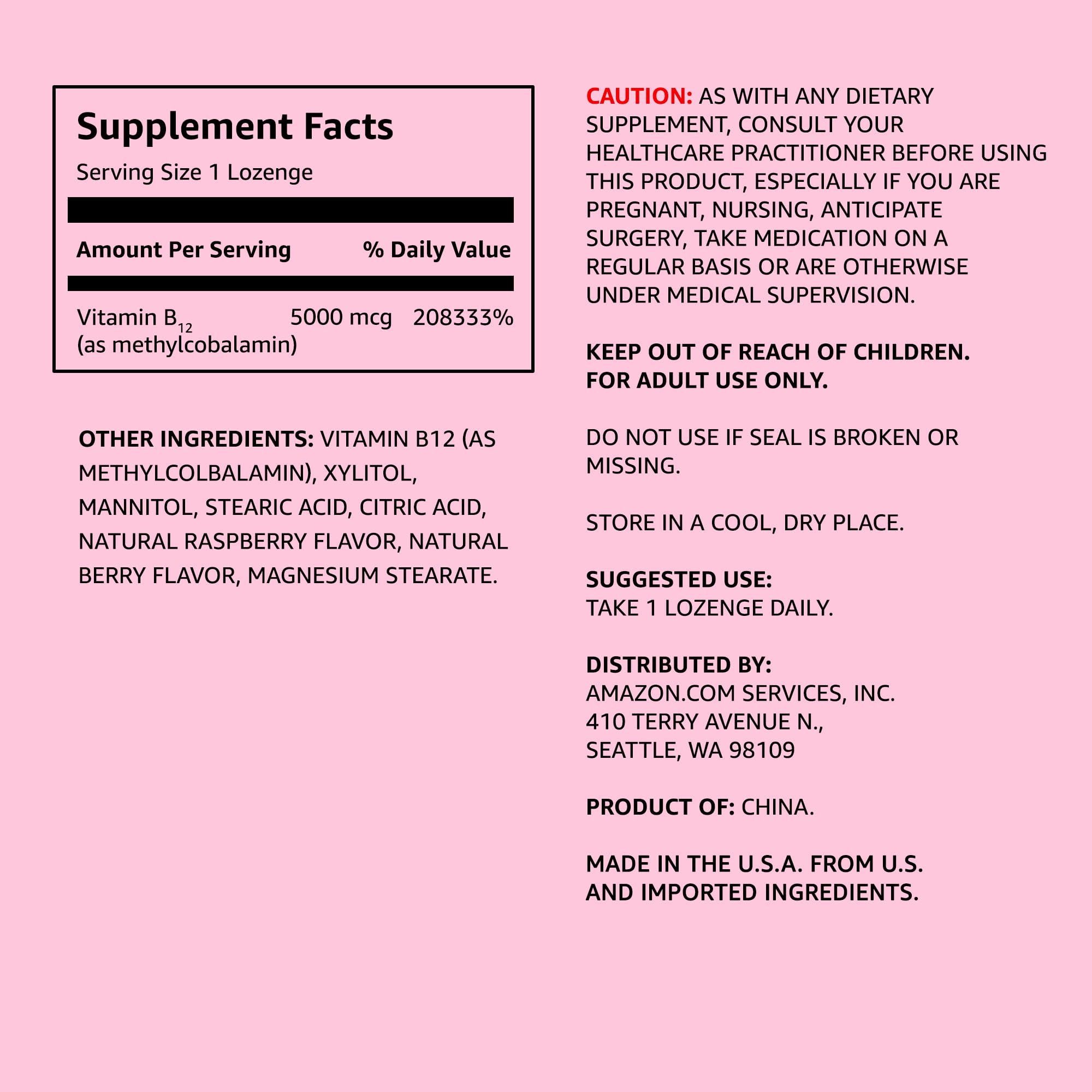 Amazon Elements Vitamin B12 Methylcobalamin 5000 mcg - Normal Energy Production and Metabolism, Immune System Support - 2 Month Supply, Berry Flavored Lozenges, 65 Count (Pack of 2)
