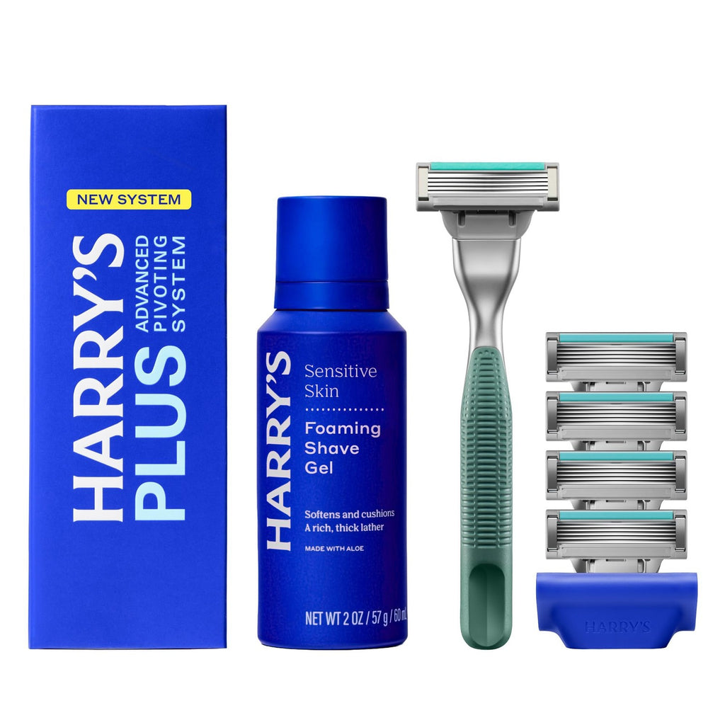 Harry's Plus Shaving Kit for Men - Premium Handle, 5 Razor Blade Cartridges, Foaming Shave Gel, and Travel Blade Cover - TSA Approved Travel Essentials - Advanced Pivoting System - Clay
