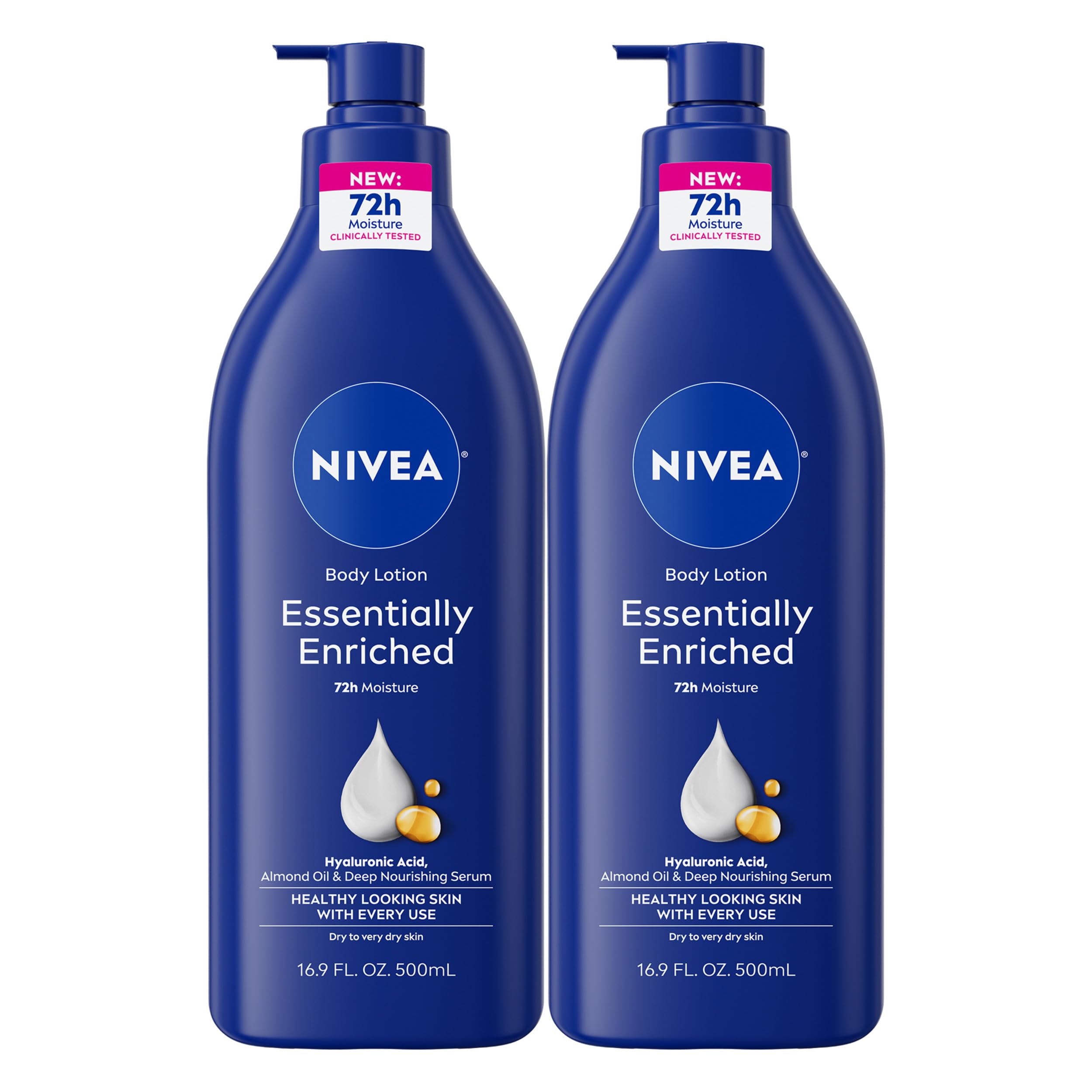 NIVEA Essentially Enriched Body Lotion, Value Pack, 2 x 16.9 FL OZ | Hydrating Body Lotion with Hyaluronic Acid, Almond Oil and Deep Nourishing Serum, For Dry to Very Dry Skin,72-Hour Moisture
