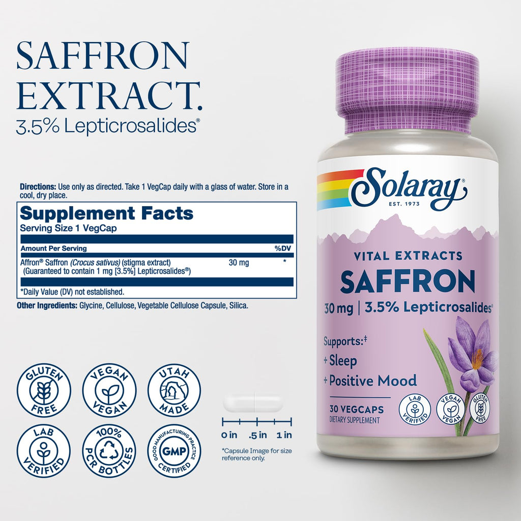 SOLARAY Saffron Extract, 30 VegCaps | Sleep & Positive Mood Support, Affron Saffron Extract, 30 Servings, Vegan, Gluten Free, Lab Verified