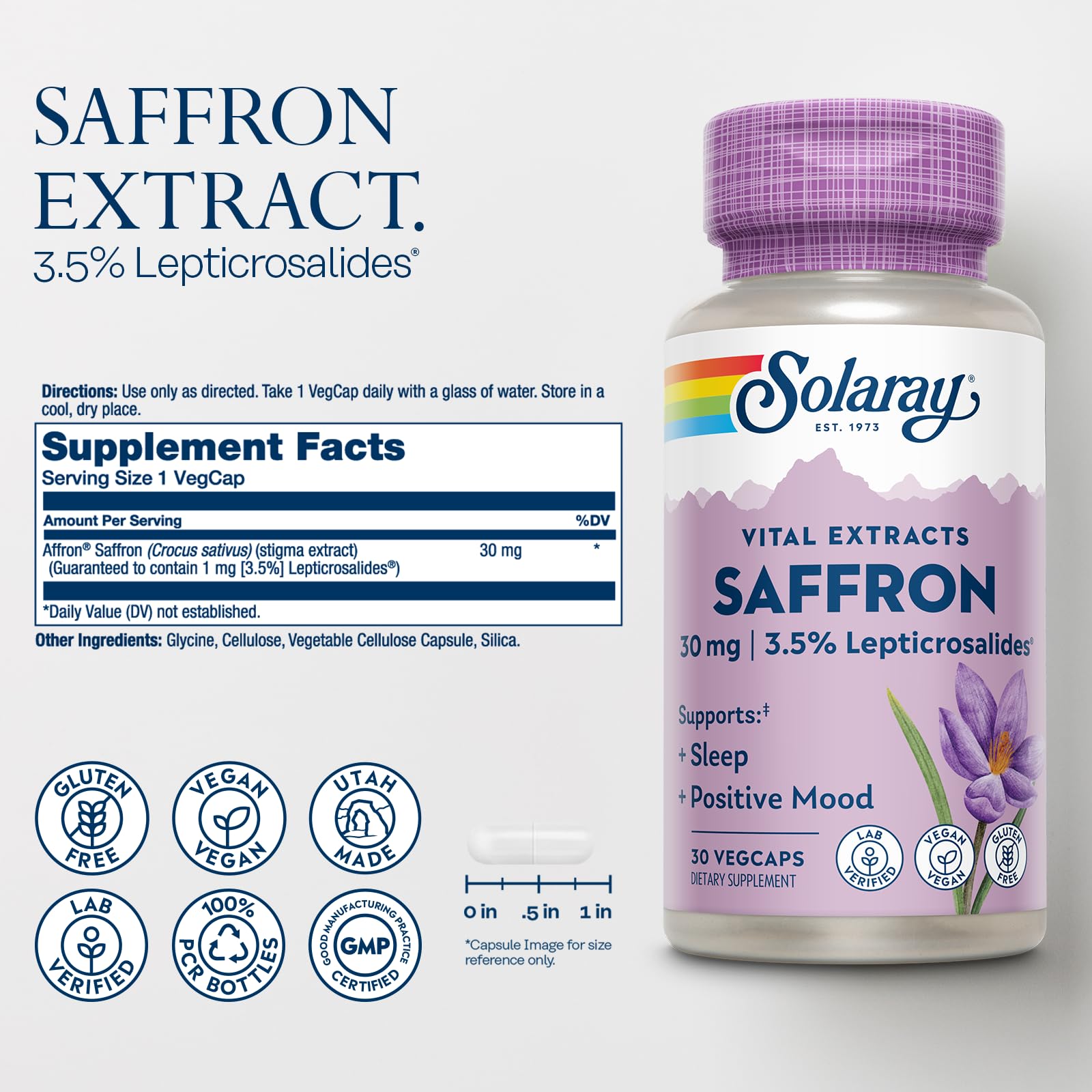 SOLARAY Saffron Extract, 30 VegCaps | Sleep & Positive Mood Support, Affron Saffron Extract, 30 Servings, Vegan, Gluten Free, Lab Verified