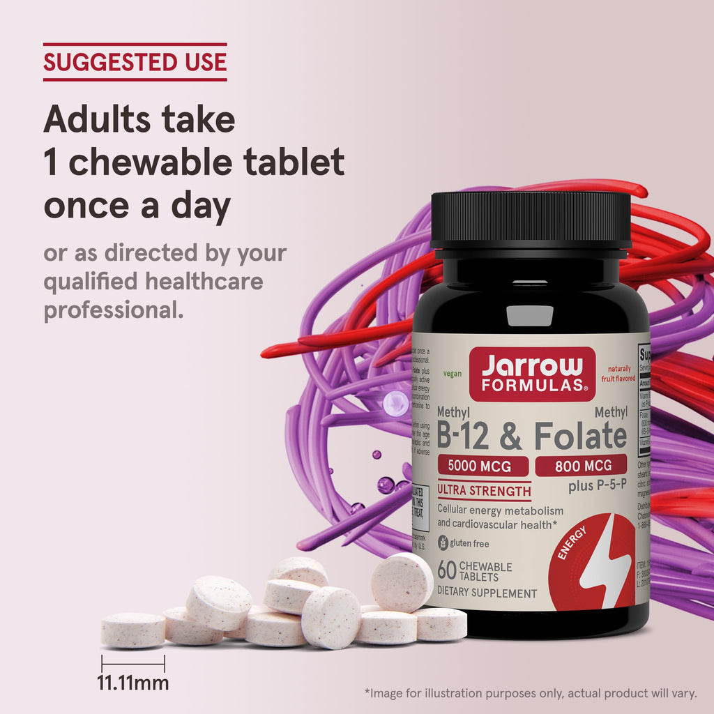 Jarrow Methyl B-12 & Methyl Folate Supplement, 60 Chewable Tablets | Bioactive Vitamin B12 & B9 Supplement, Supports Cellular Energy Production, Healthy Brain Function & Metabolism, 60 Servings