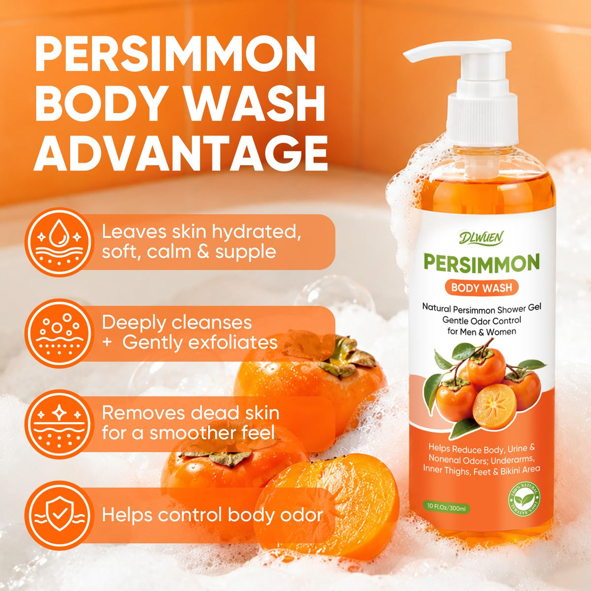 Persimmon Body Wash for Odor Control, Natural Deodorant Nonenal Soap