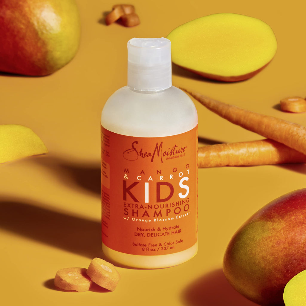 Shea Moisture Kids Shampoo Mango & Carrot Extra Nourishing 8oz | For all kids - gently cleanse, nourish, and detangle curly hair with Mango Butter, Carrot Oil, and Shea Butter.