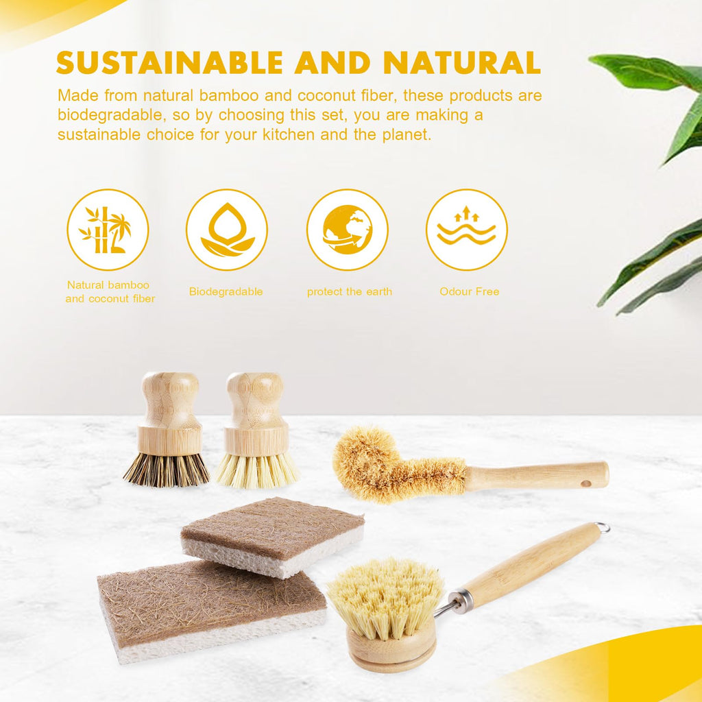DEBETOOL 6-Piece Bamboo Dish Brush Set with Coconut Sponge