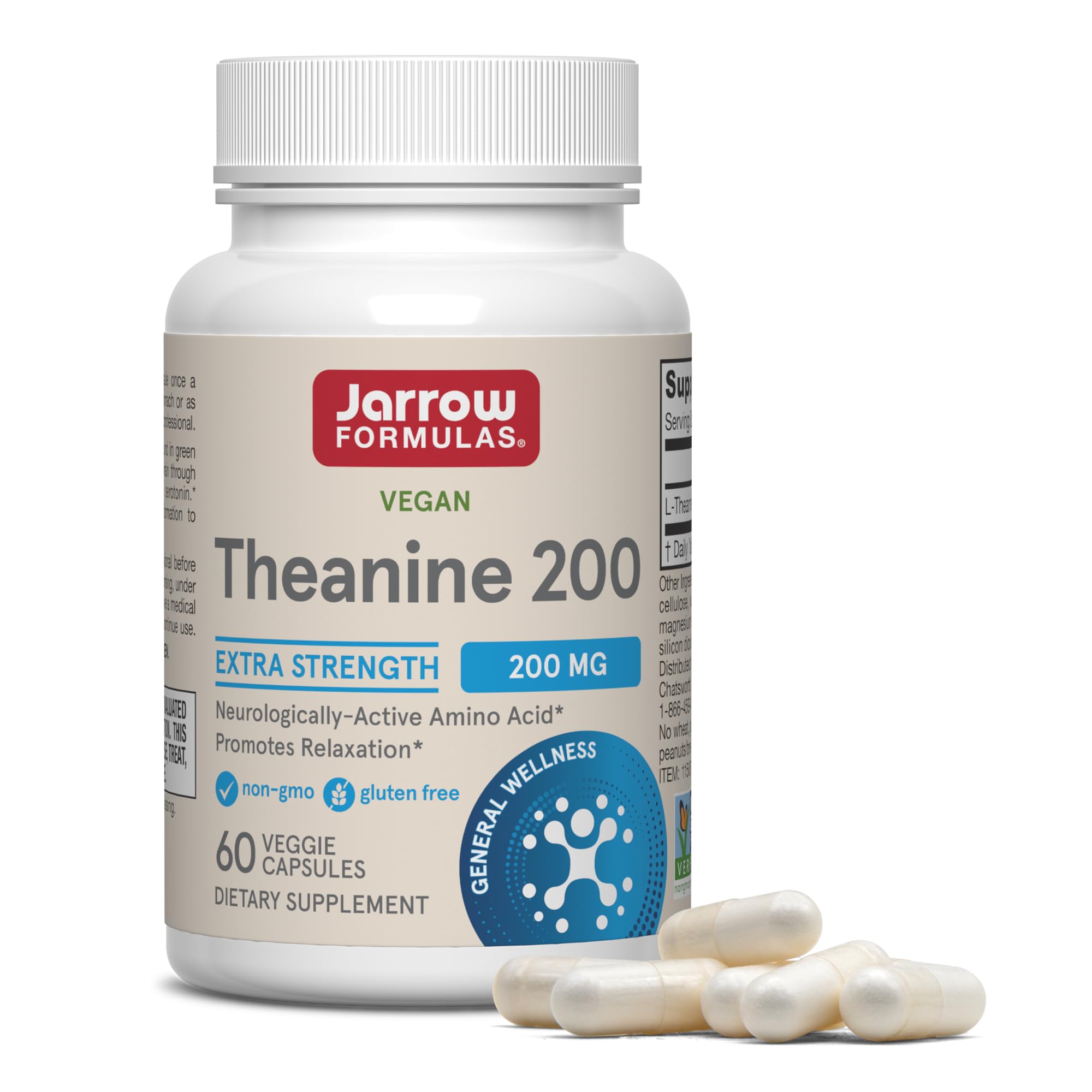 Jarrow Formulas Extra Strength L Theanine 200mg Dietary Supplement that Promotes Relaxation, Supplement for Relaxation Support, 60 Veggie Capsules, 60 Day Supply (Pack of 2)