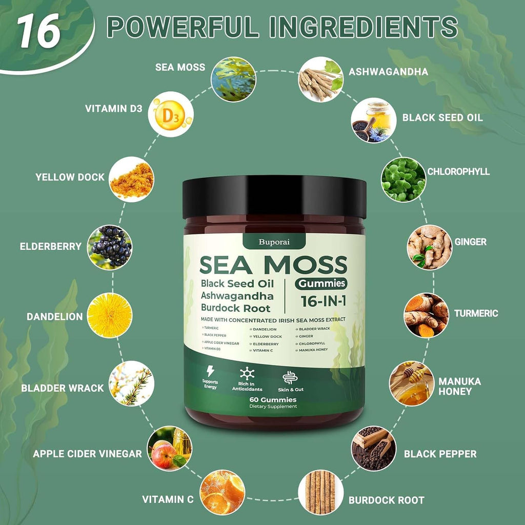 Sea Moss Gummies 16-1, Black Seed Oil Ashwagandha Turmeric Bladder Wrack Vitamin C Vitamin D3 Elderberry Manuka Dandelion Yellow Dock Apple Cider Vinegar for Men & Women